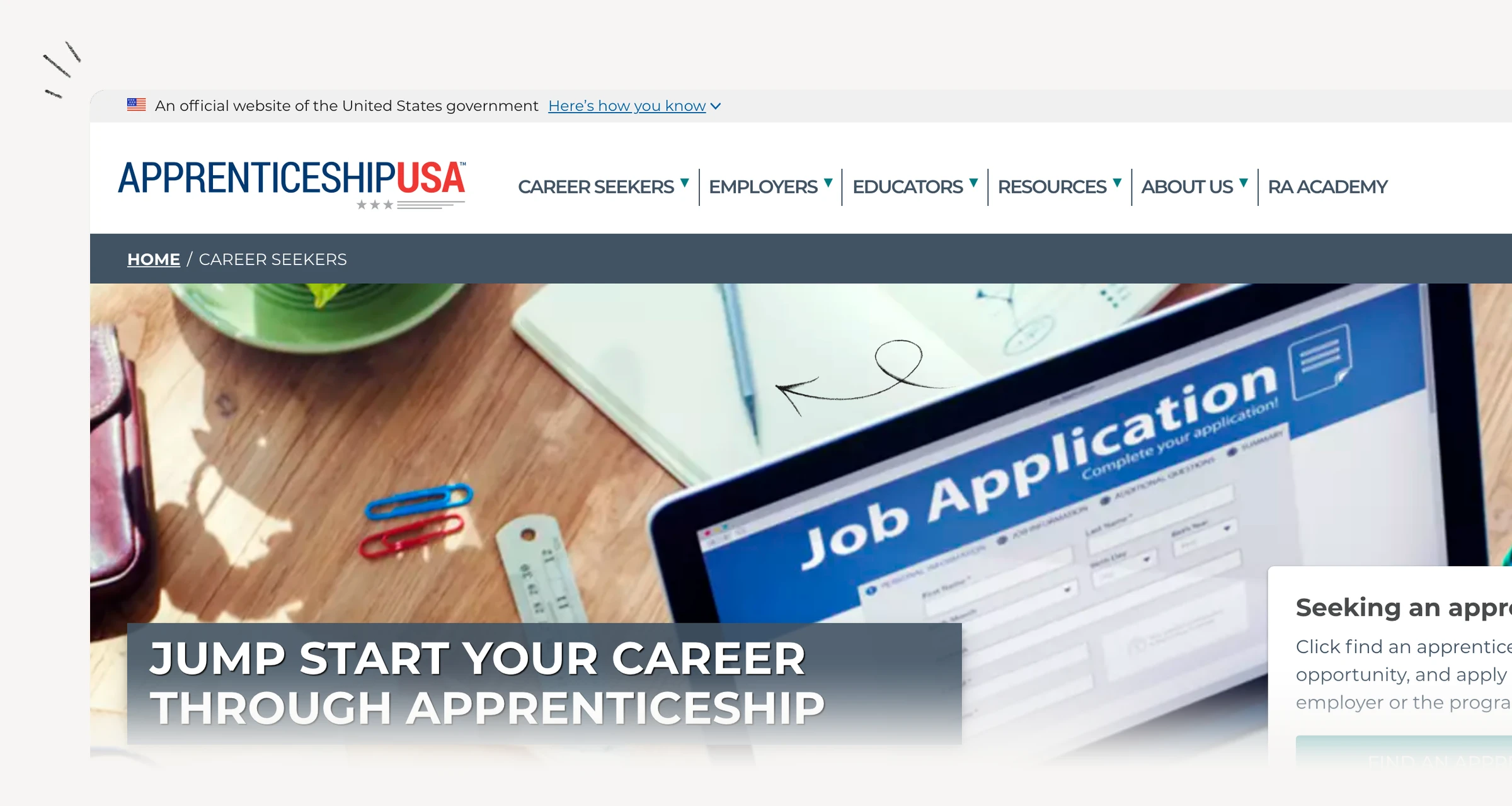 Apprenticeship.gov career-seeker guidance describing paid work and structured training