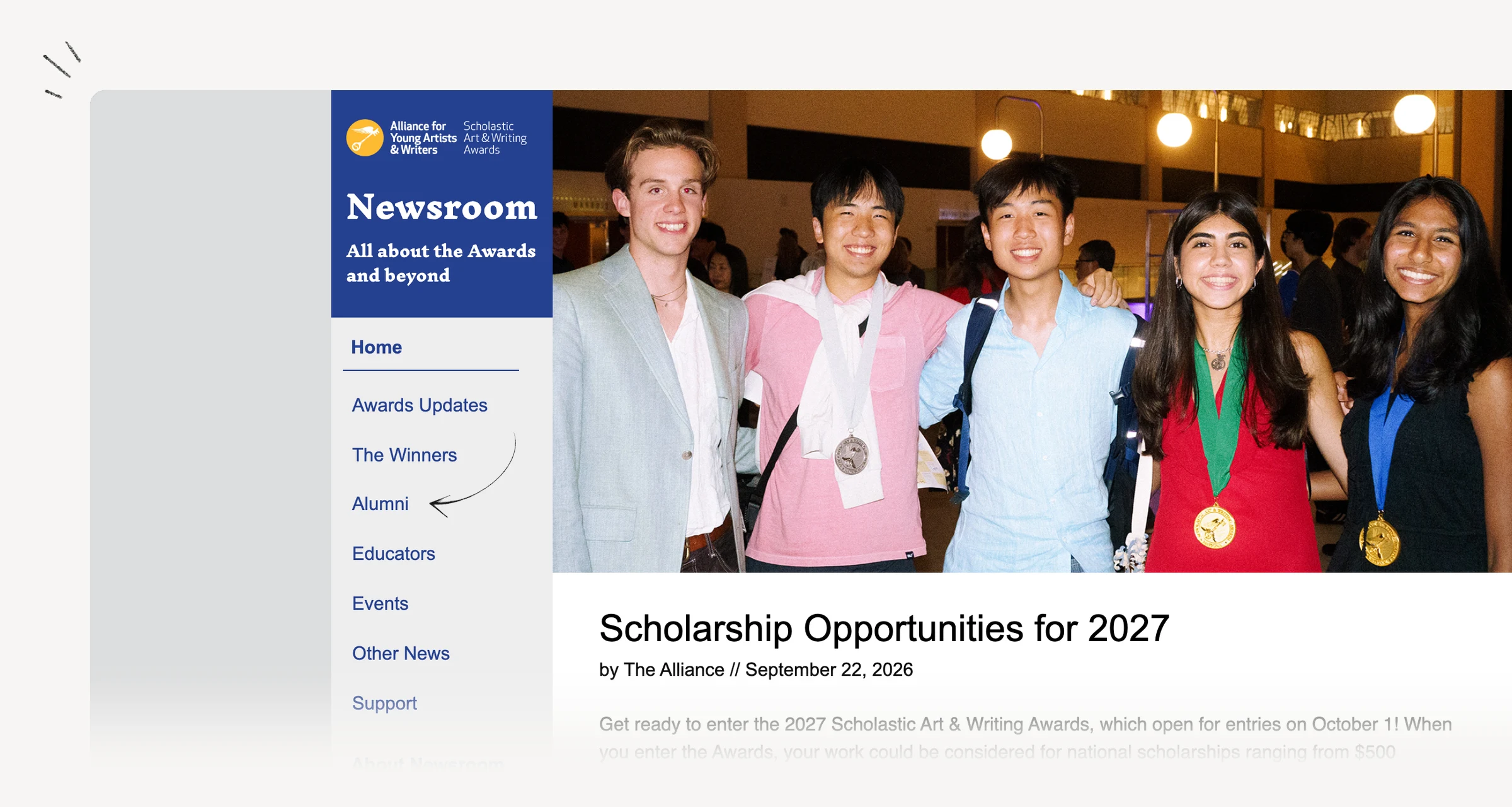 Scholastic 2027 scholarship announcement describing national portfolio awards.