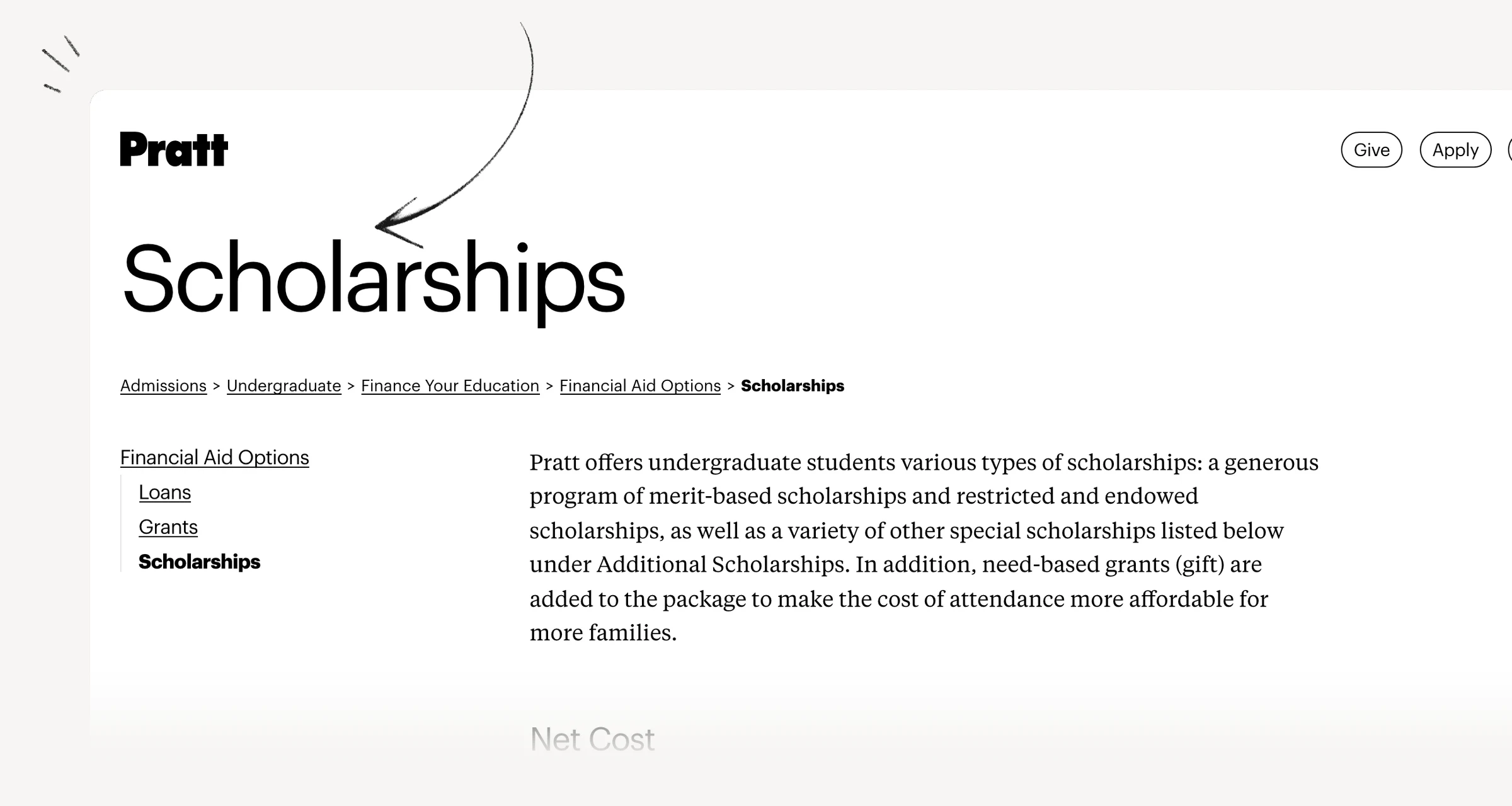 Pratt undergraduate scholarship page explaining merit review and renewal.
