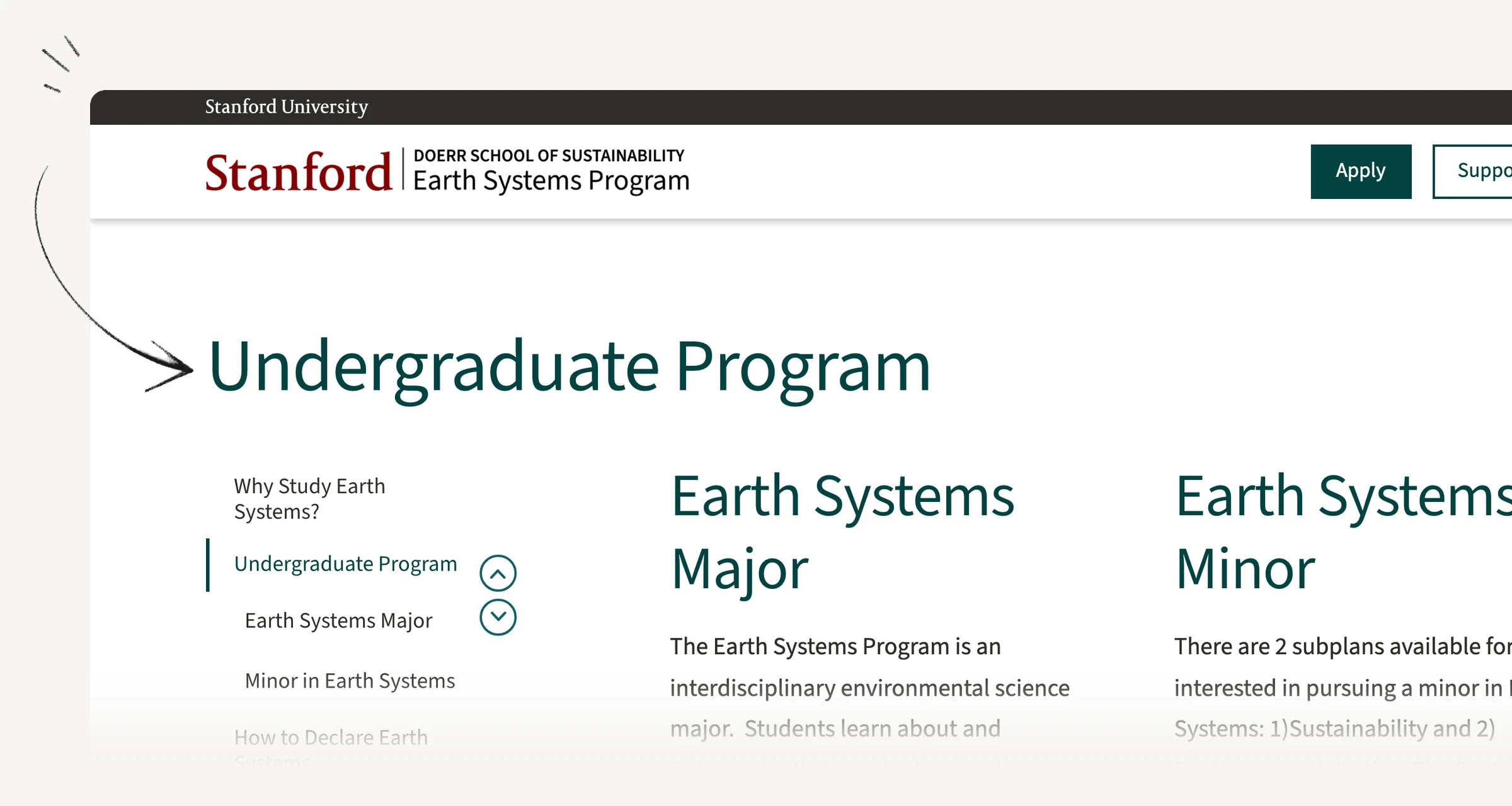 Stanford Earth Systems undergraduate program links to academic tracks, internship, honors and senior capstone information