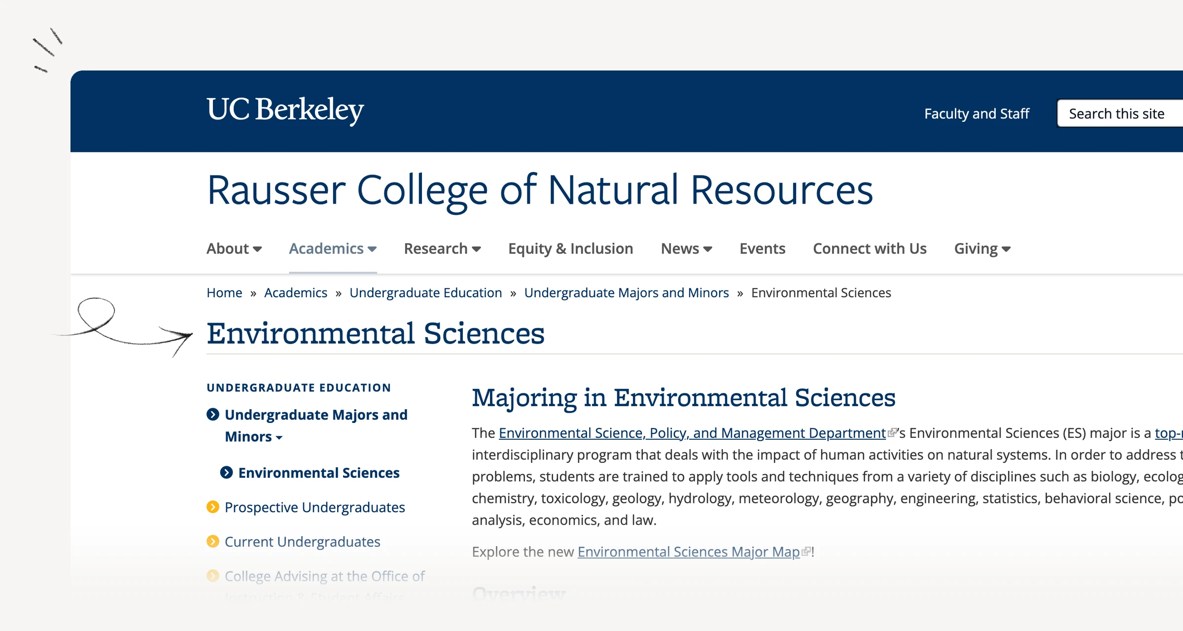 UC Berkeley Environmental Sciences guidance showing the statistics, research methods and senior research seminar sequence