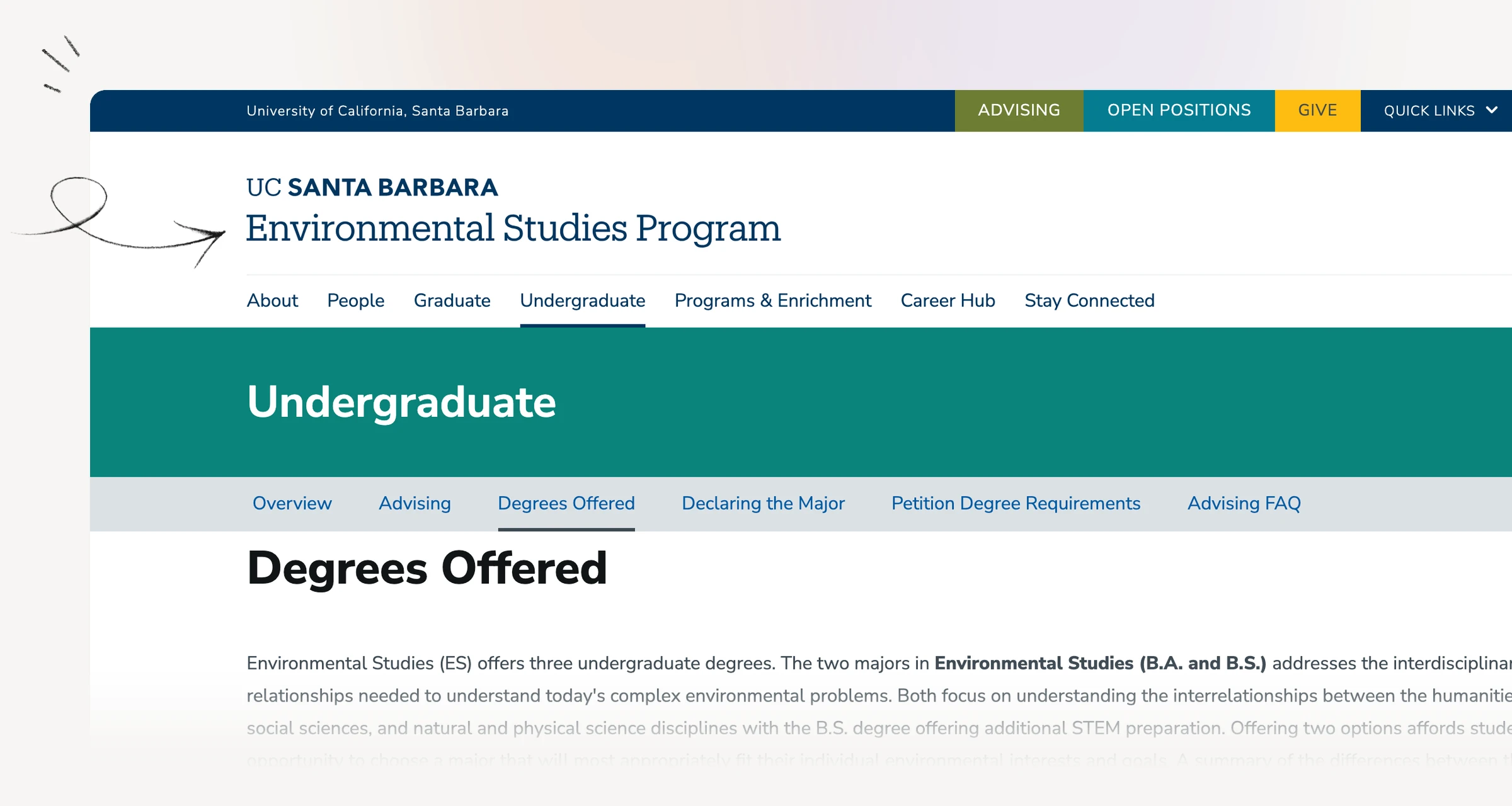 UCSB degree overview distinguishing Environmental Studies B.A. and B.S. from Hydrological Sciences and Policy B.S