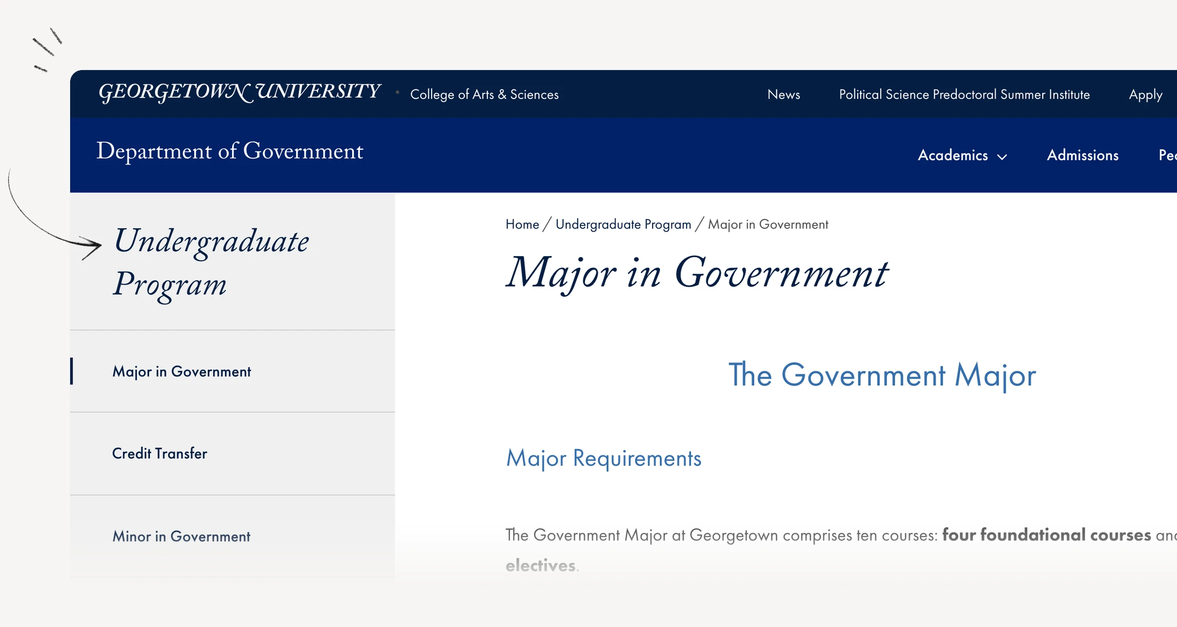 Georgetown Government major overview showing foundation, elective and seminar requirements