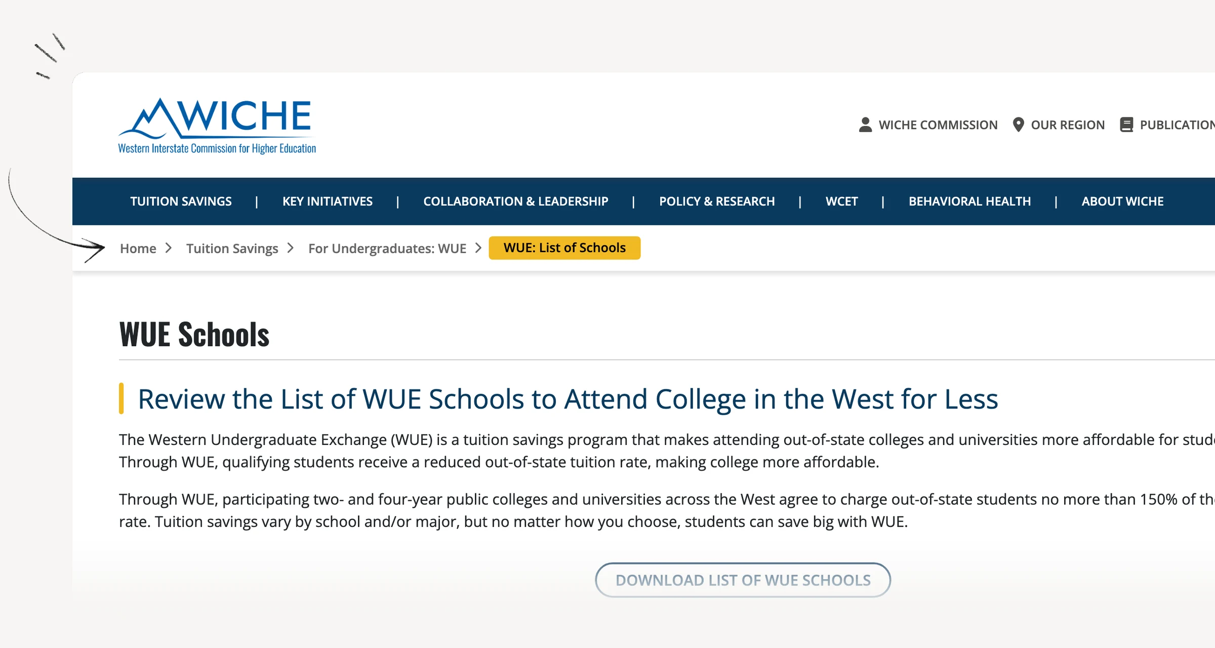 WICHE — Western Undergraduate Exchange school list and process
