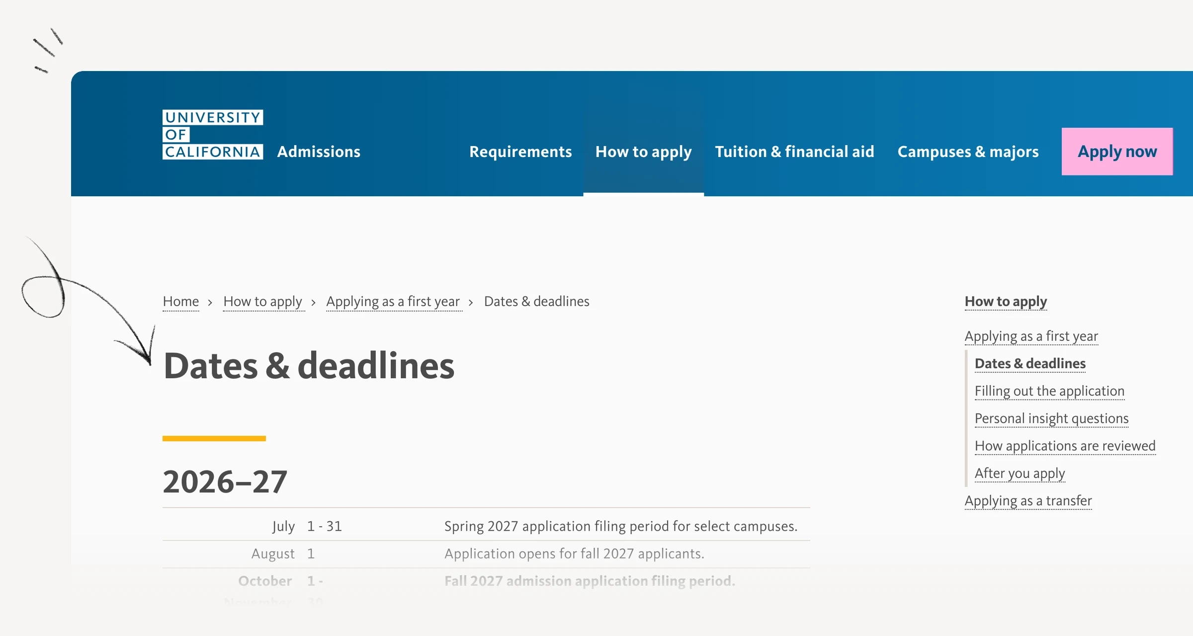 University of California first-year application calendar with cycle-specific dates.