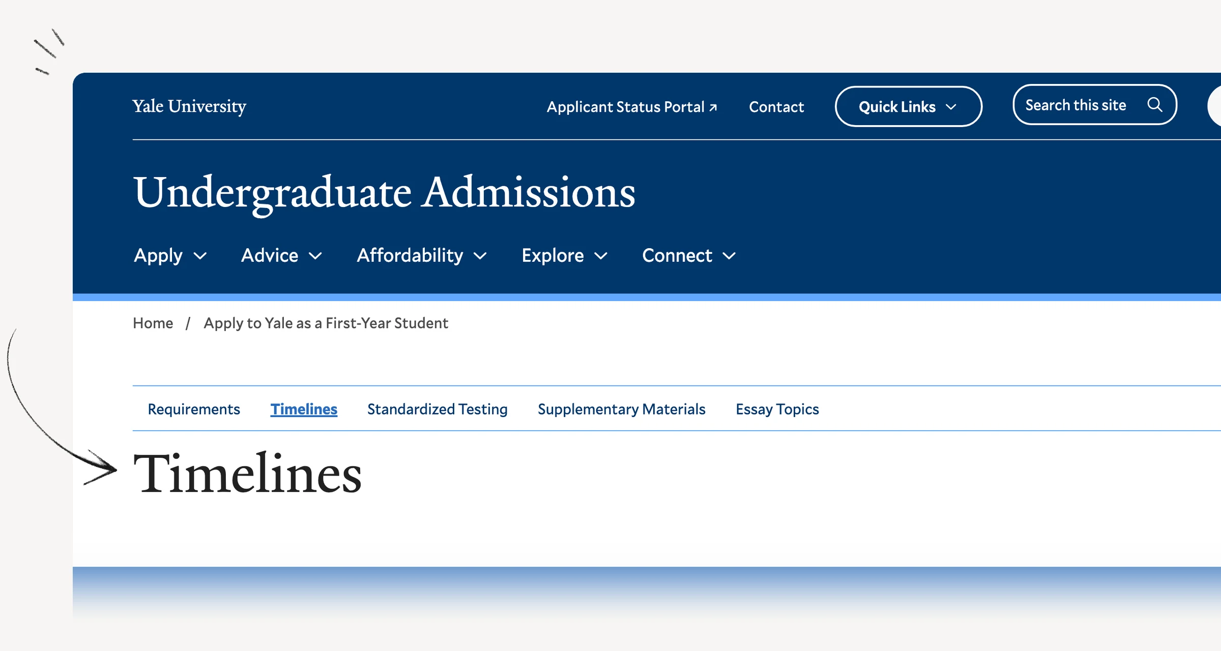 Yale first-year admission timelines for early and regular applications.
