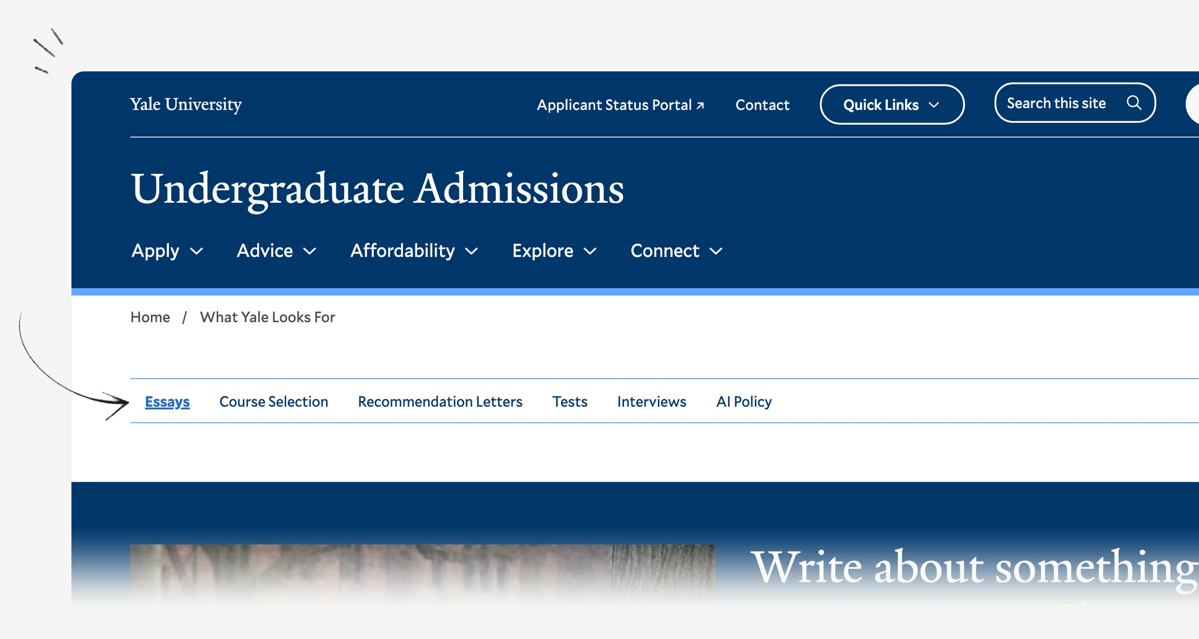 Yale essay requirements showing response limits and application routes.