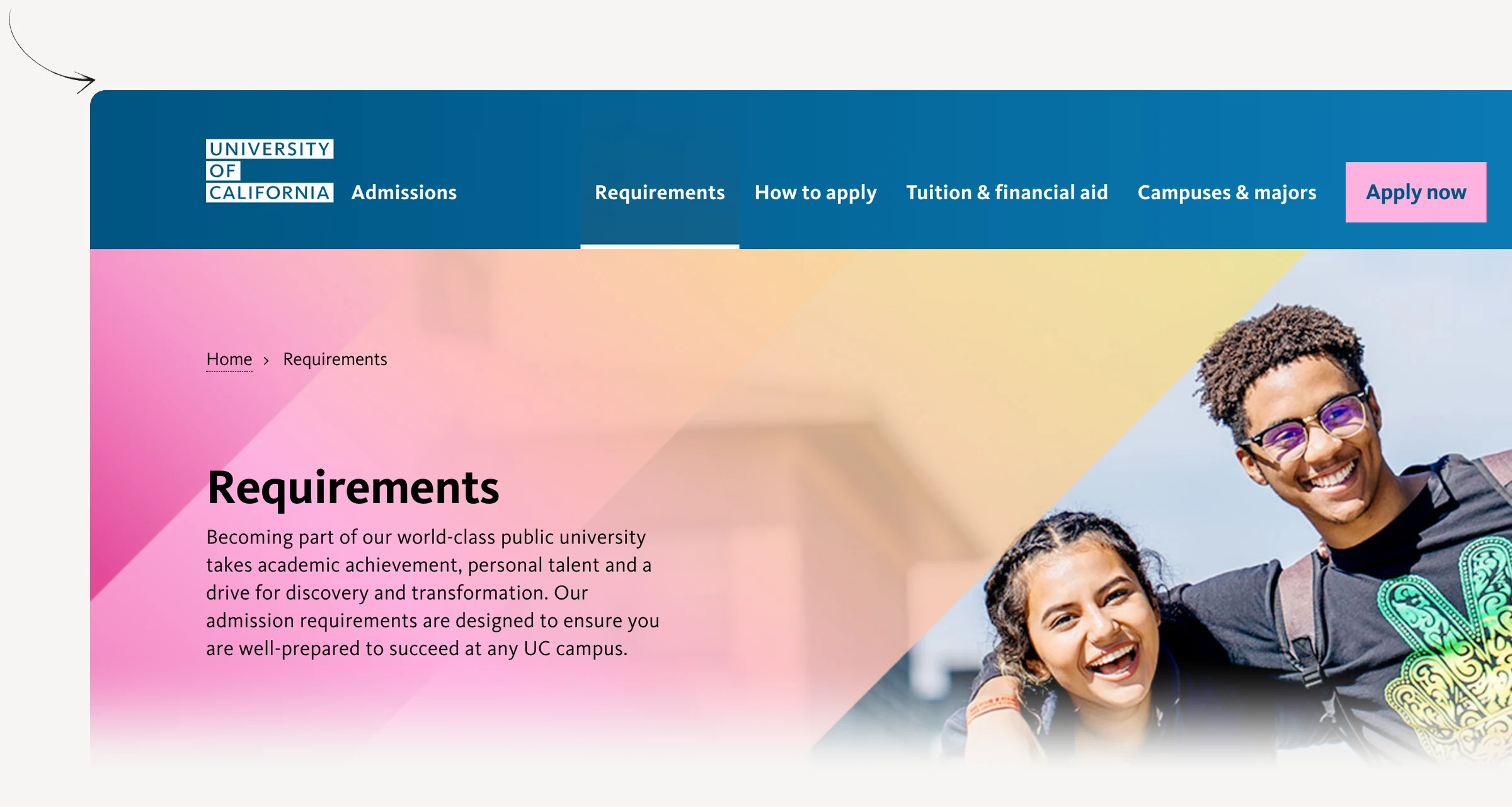 University of California admissions page showing applicant-specific preparation requirements.