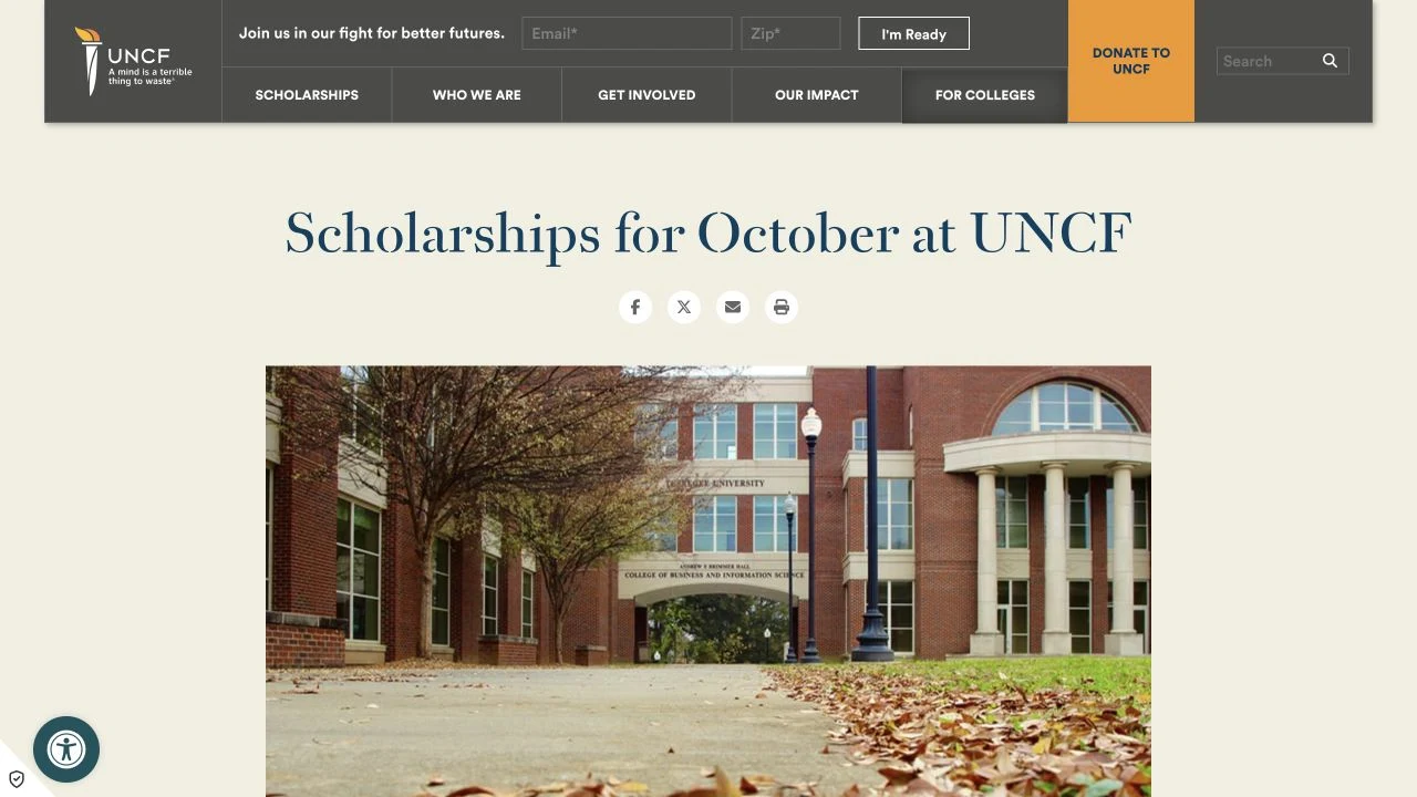 UNCF October scholarship summary showing senior-year funding leads.
