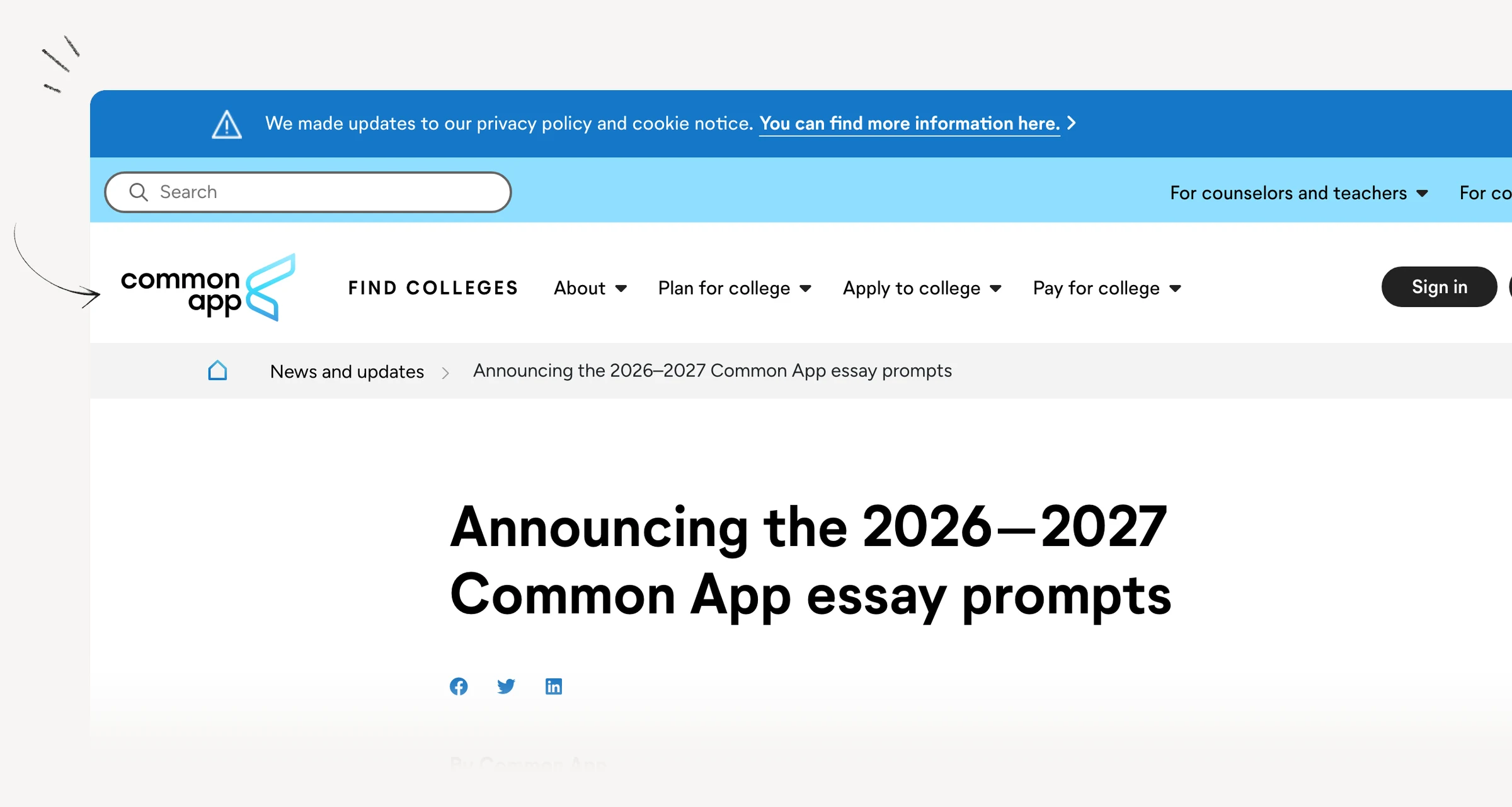 Common App announcement of the 2026–2027 essay prompts.