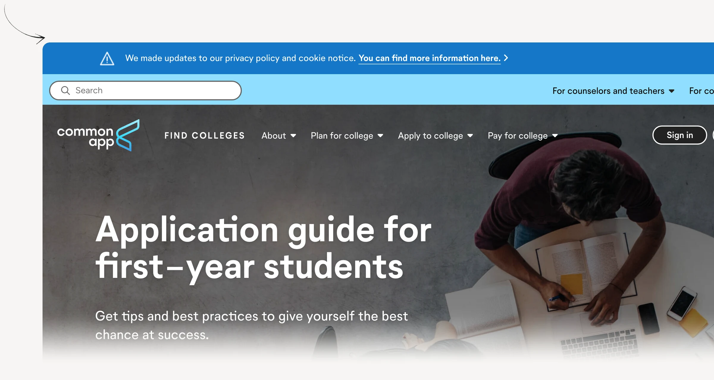 Common App first-year guide for preparing application writing.