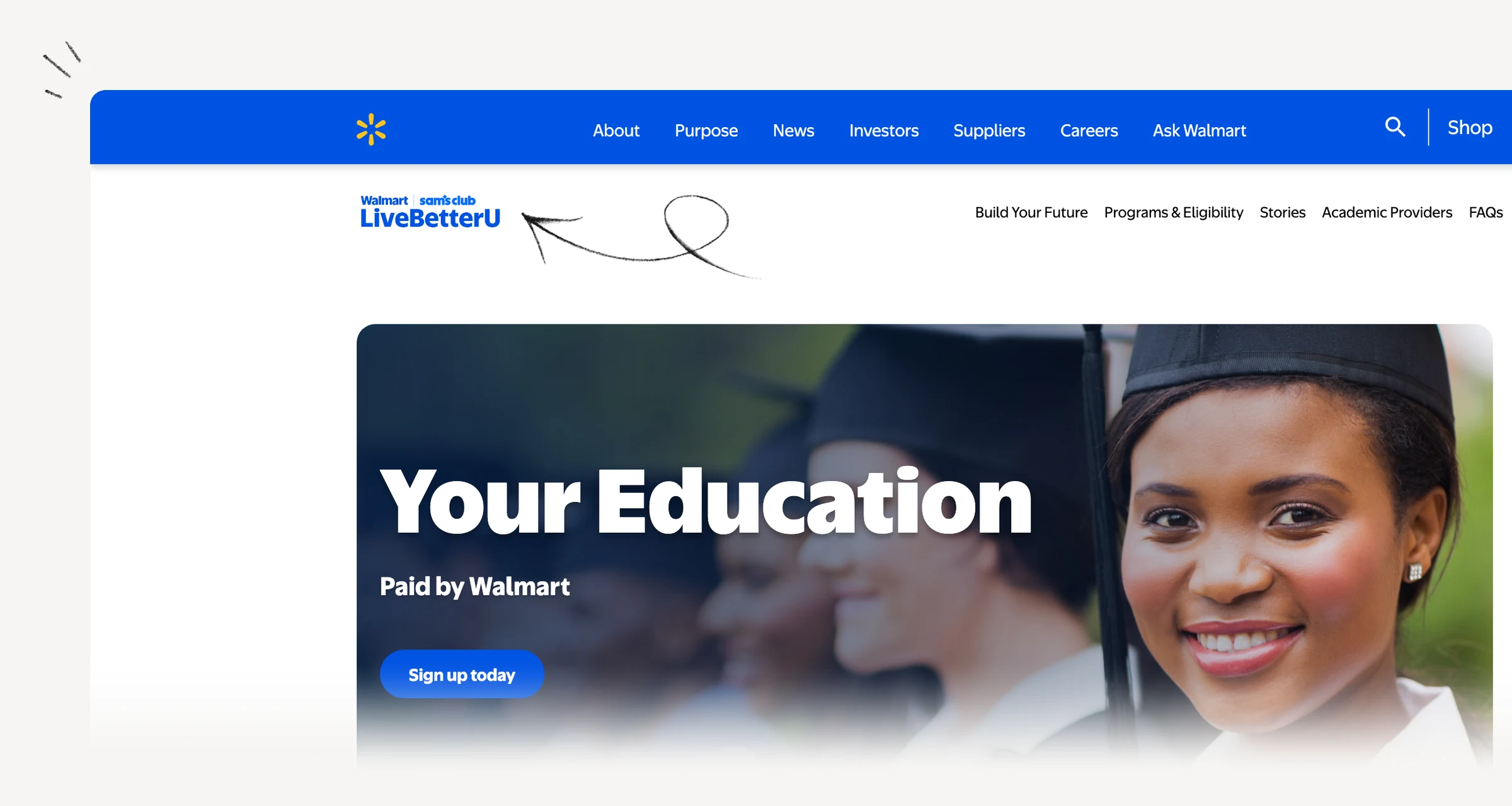 Walmart Live Better U page showing eligible associates and program restrictions.