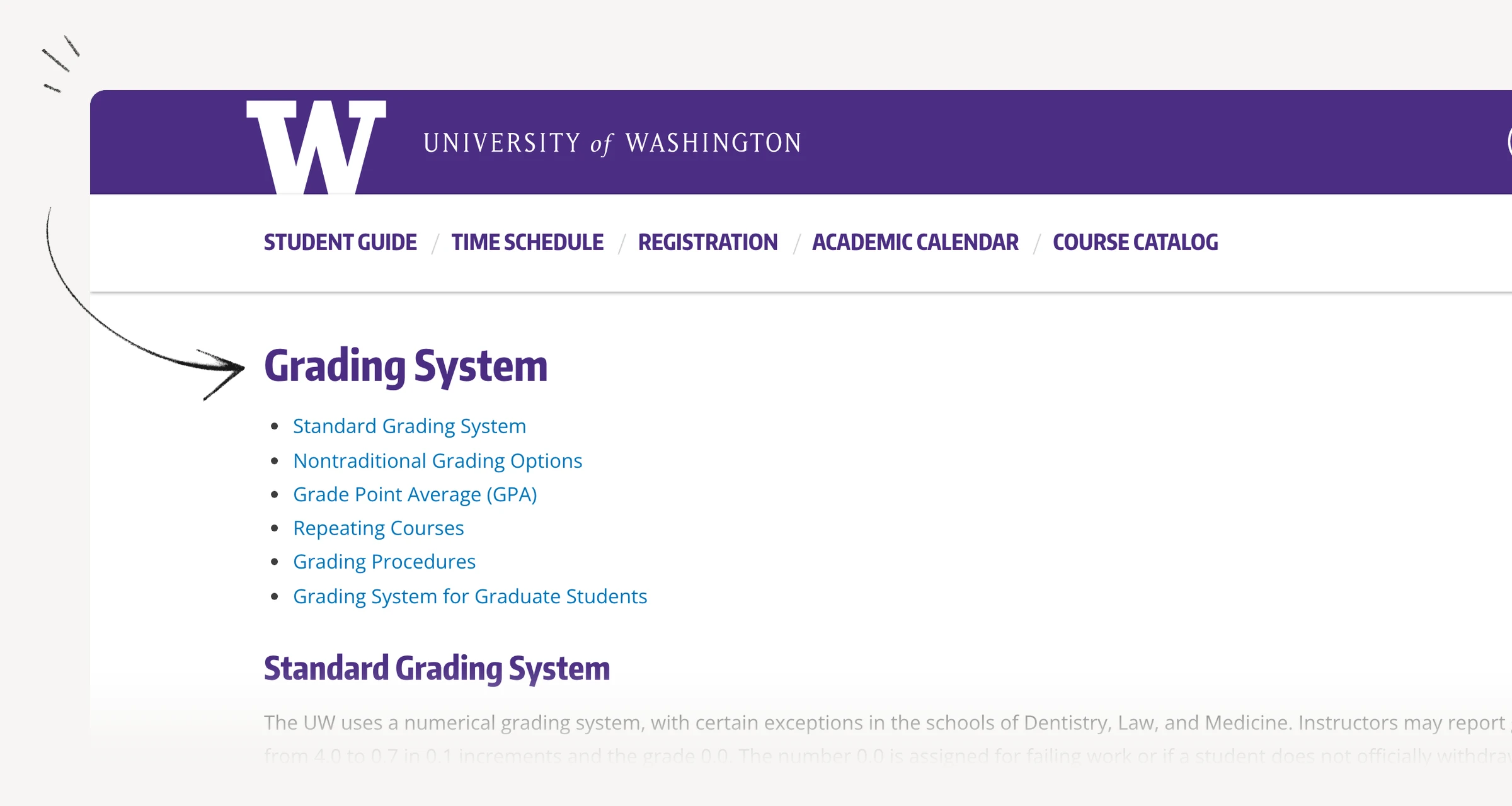 University of Washington grading guide explaining credit-weighted GPA