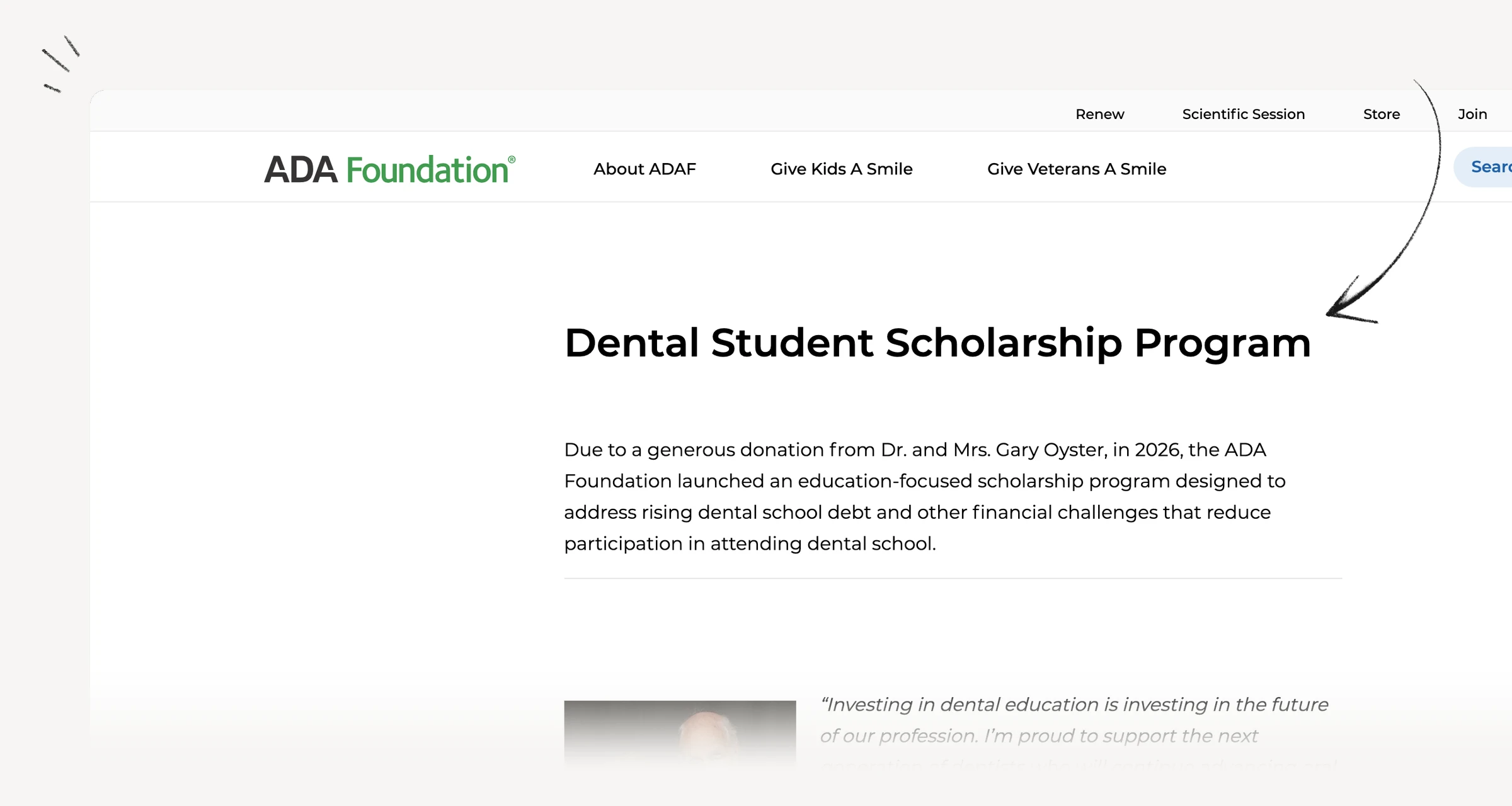 ADA Foundation dental student scholarship page showing pilot scope and status