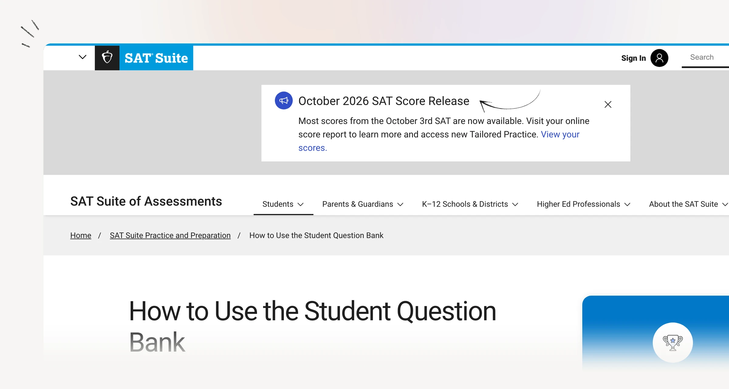 College Board Student Question Bank guidance showing targeted practice filters