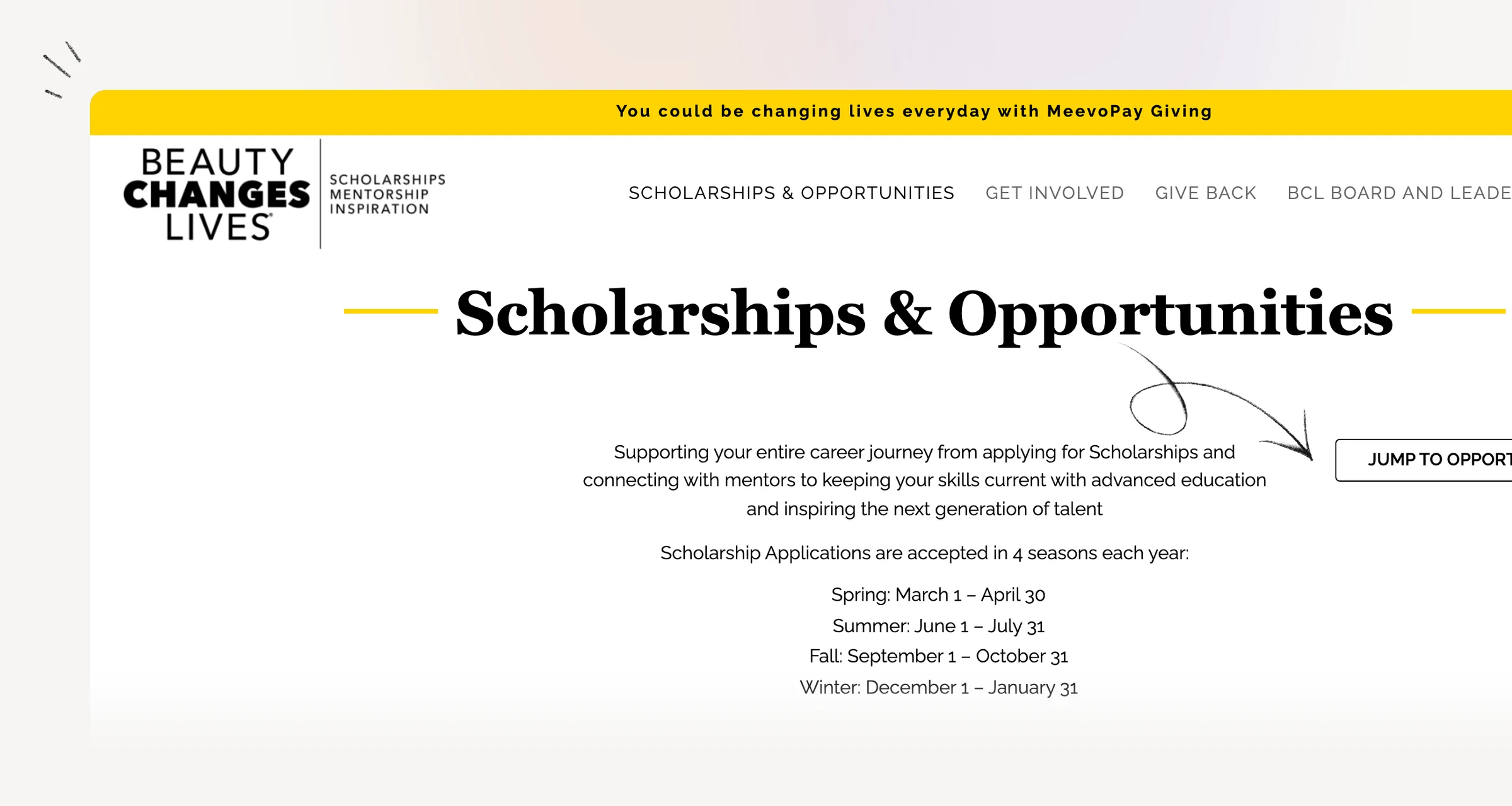 Beauty Changes Lives listings for Circadia and Hand & Stone esthetics scholarships.