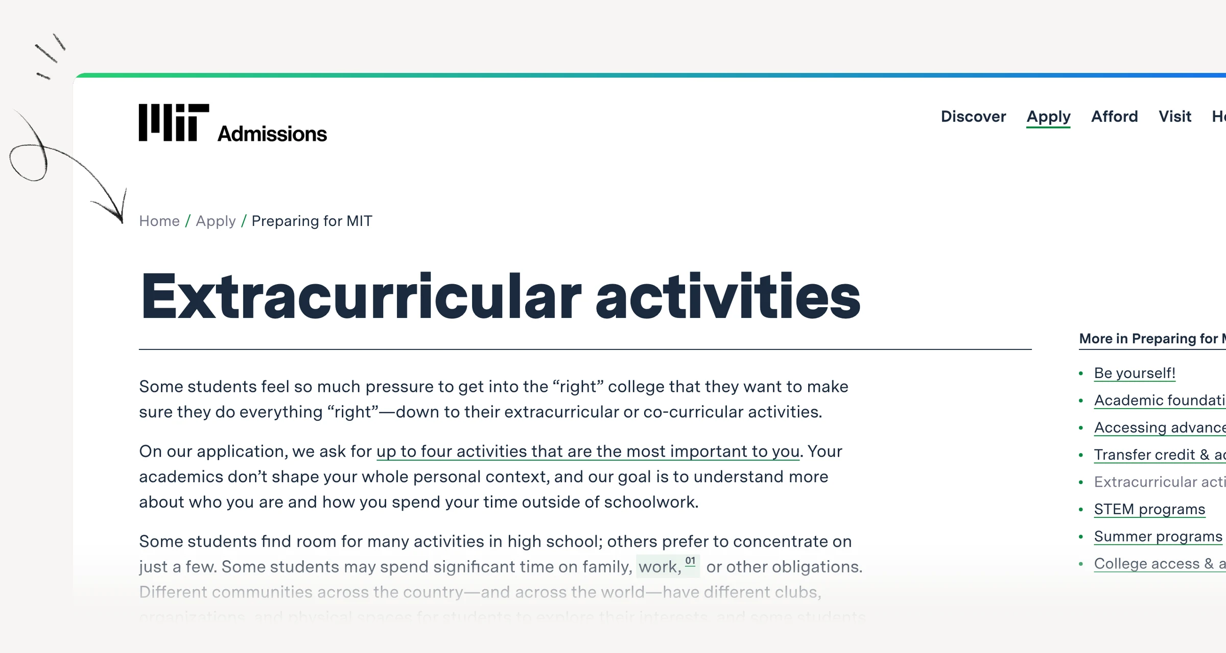 MIT admissions advice on selecting meaningful activities and reporting employment.