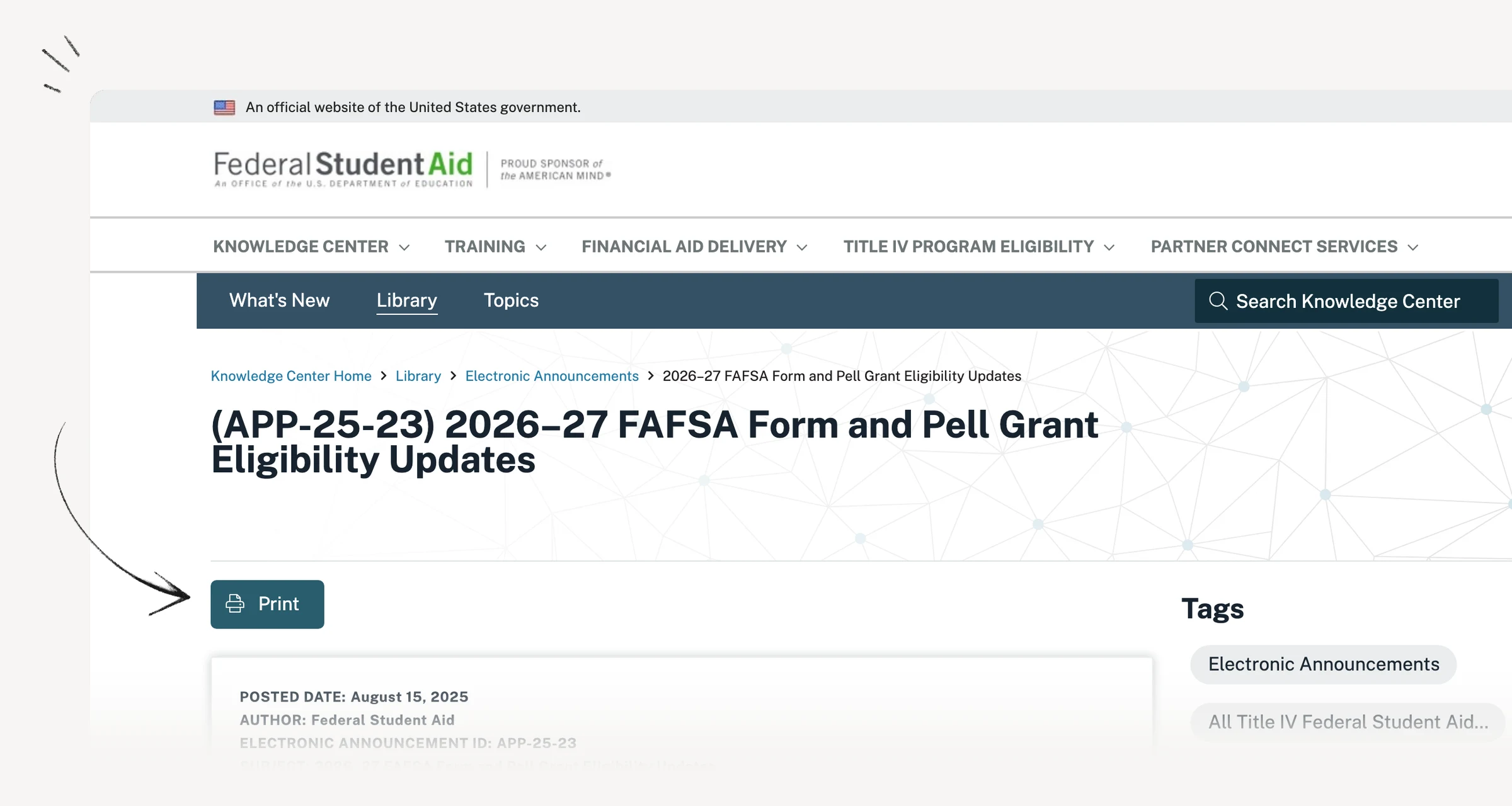 Federal Student Aid announcement explaining 2026–27 FAFSA and Pell changes.