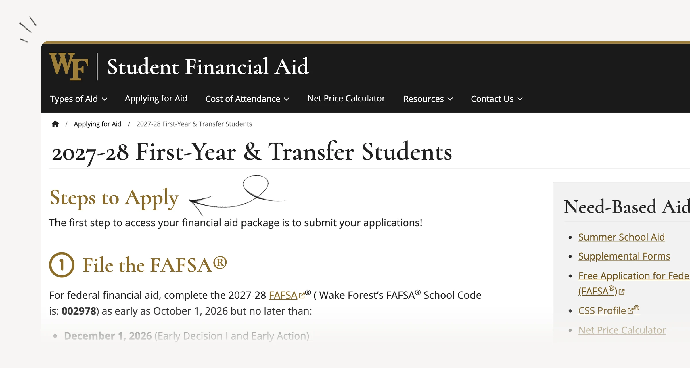 Wake Forest first-year financial aid instructions for the displayed application year.