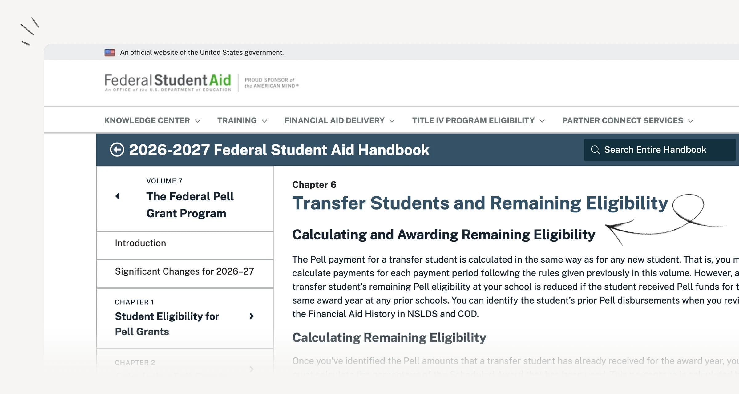 Federal Student Aid handbook guidance on remaining Pell eligibility for transfer students.