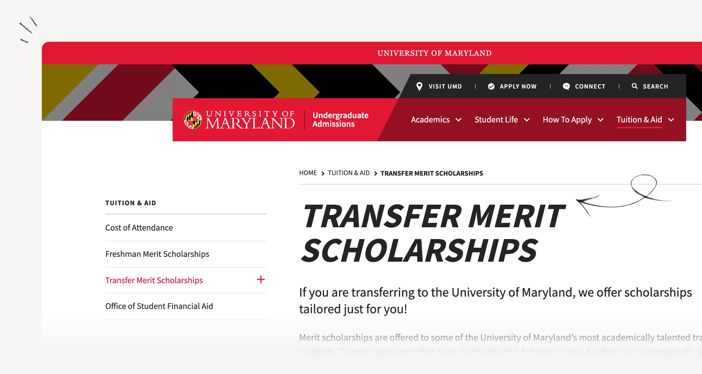 University of Maryland transfer merit scholarship consideration and application routes.