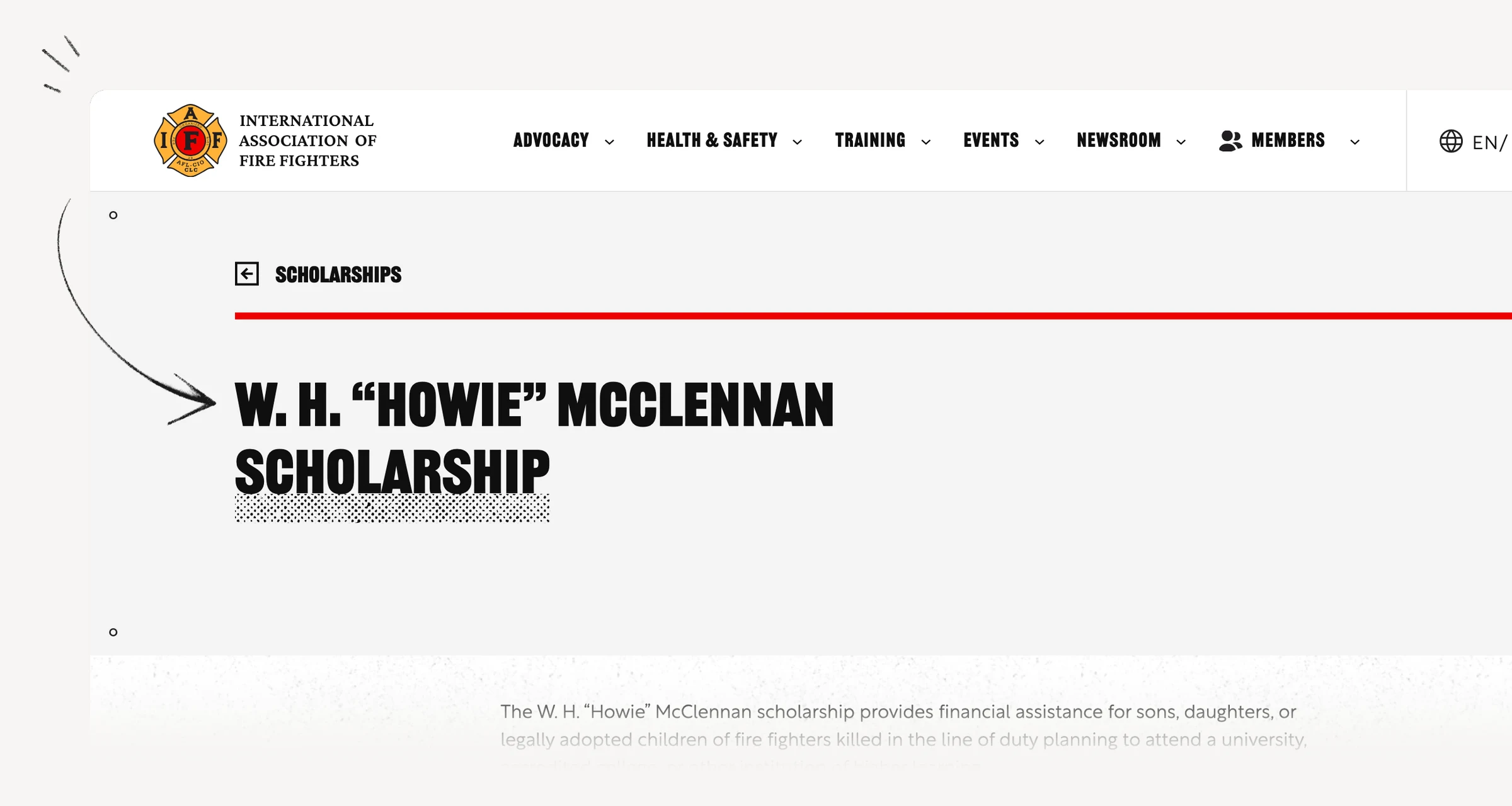 IAFF McClennan Scholarship criteria for children of fallen members.