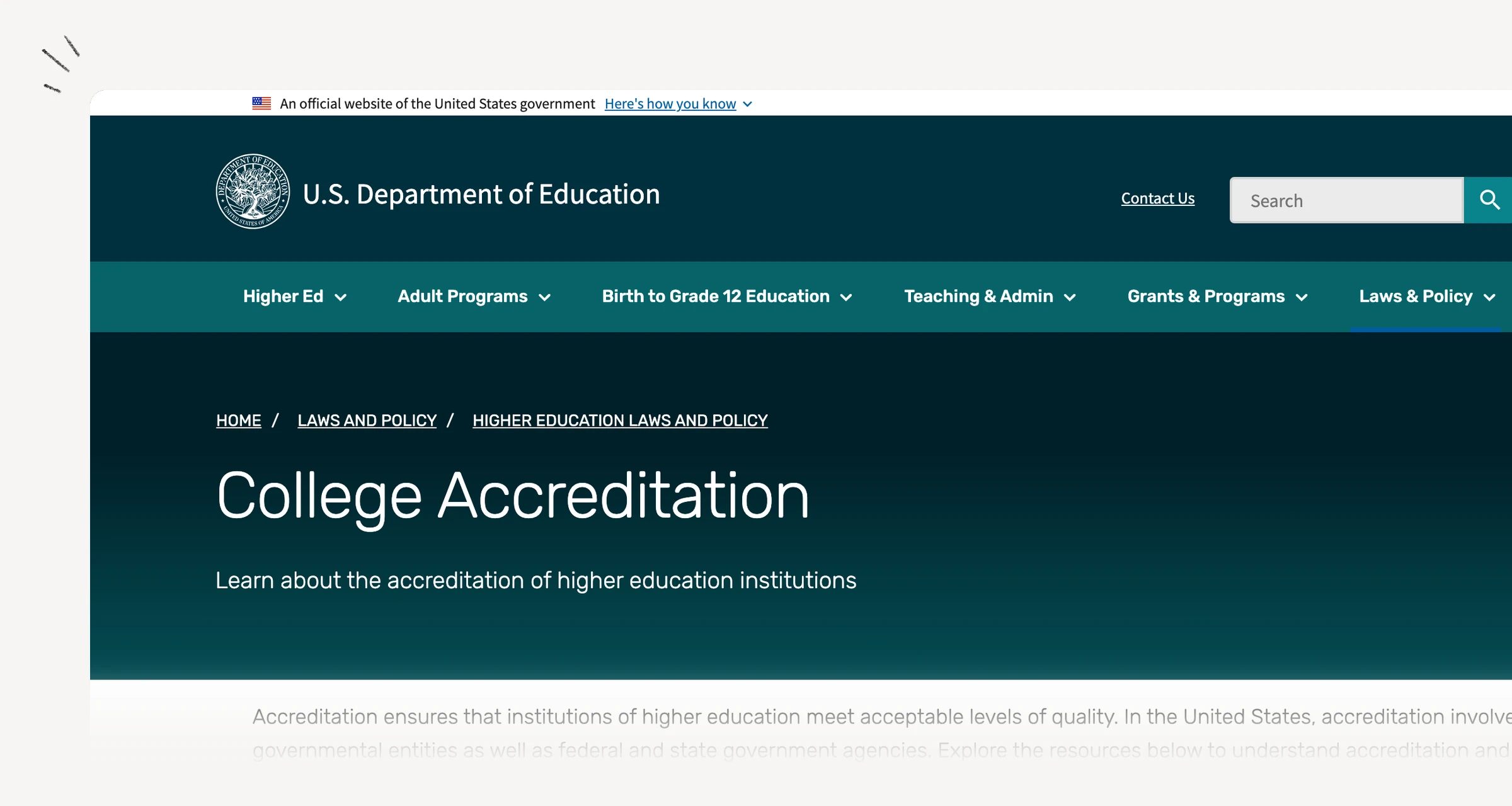 U.S. Department of Education college accreditation lookup guidance
