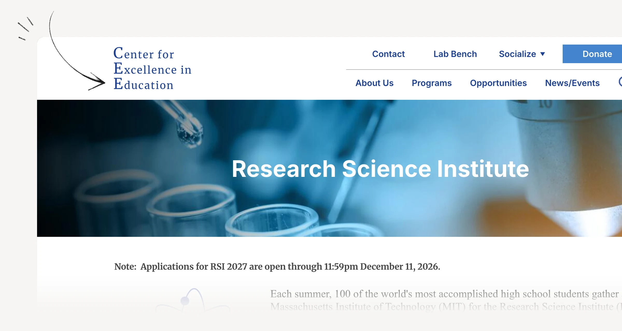 CEE Research Science Institute overview with eligibility and application dates.