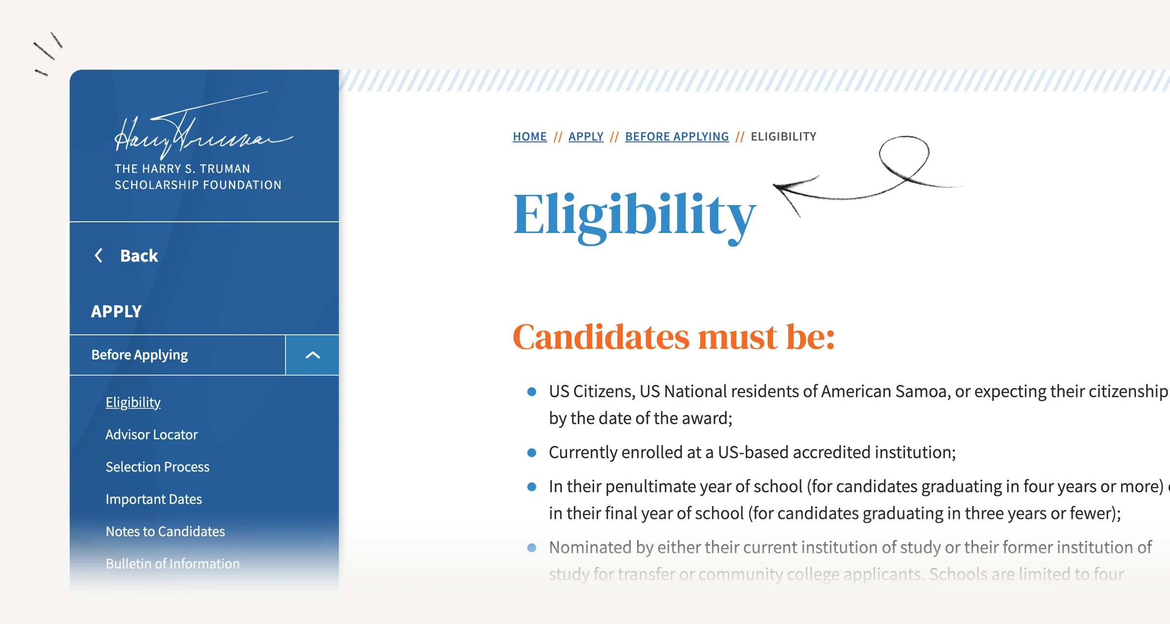 Truman Scholarship eligibility and institutional nomination guidance.