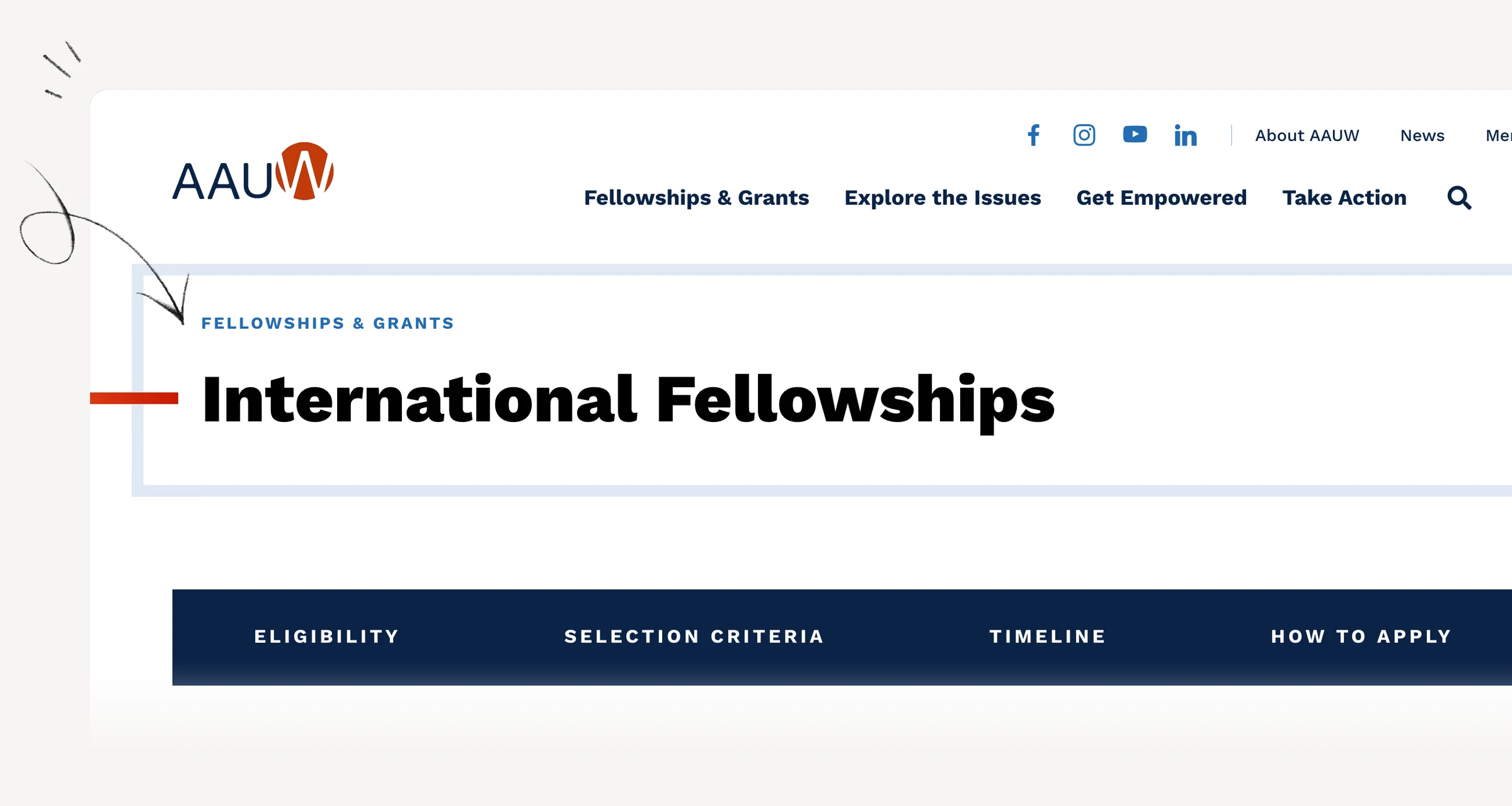 AAUW International Fellowship page showing current study requirements and cycle status.