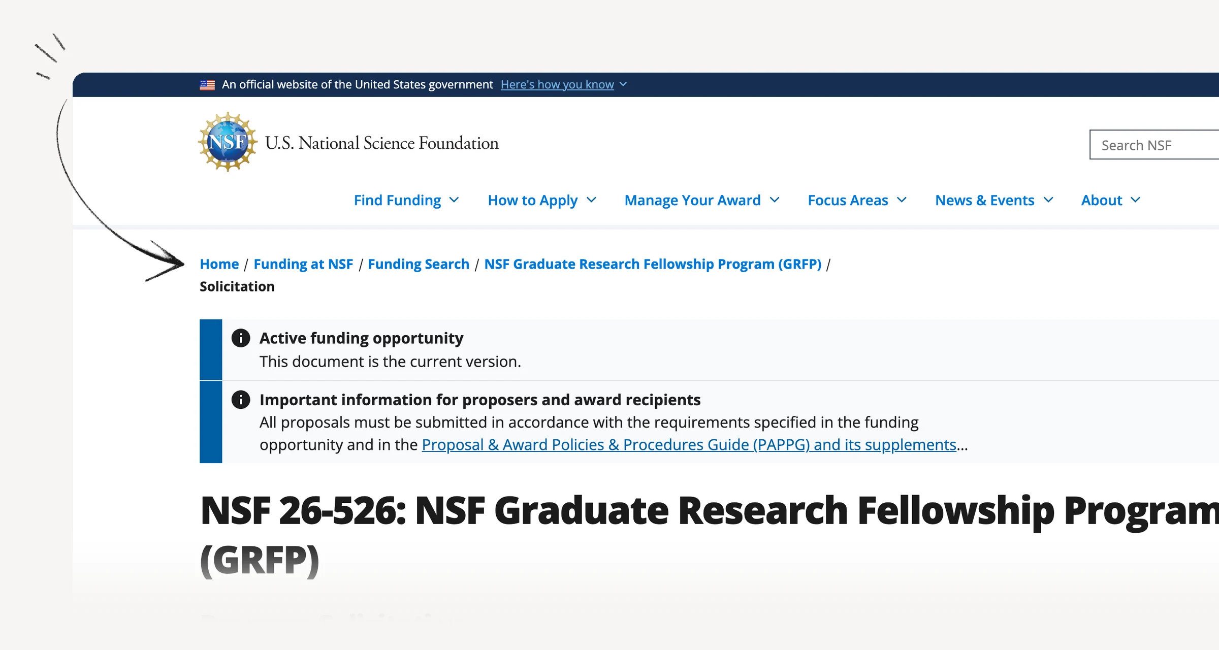 NSF GRFP current solicitation with funding and deadline information.