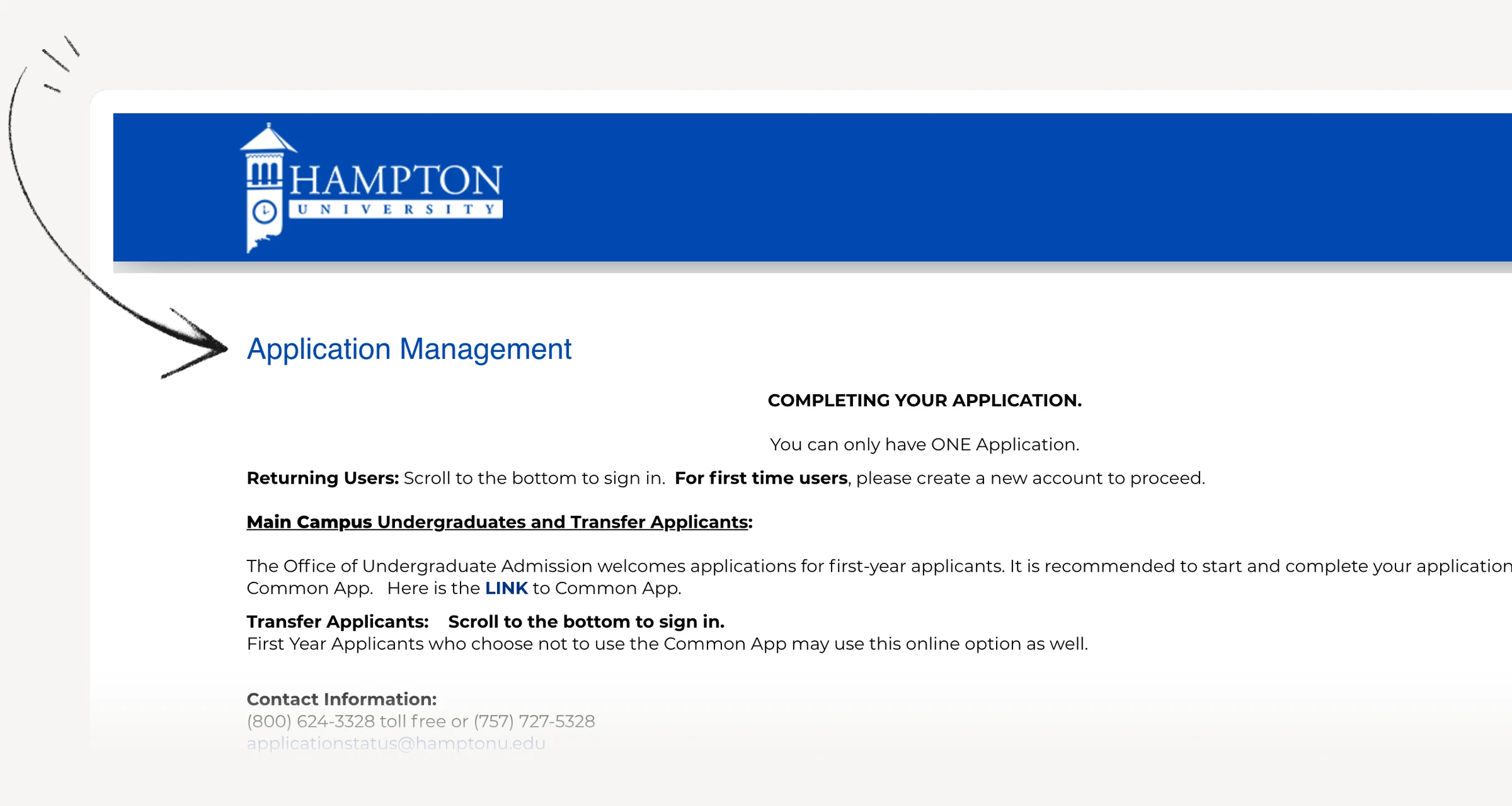 Hampton University public application portal with applicant routes