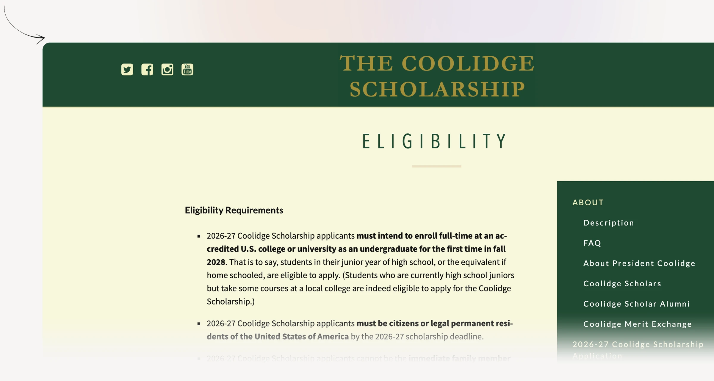 Coolidge Scholarship junior eligibility and college-entry requirements