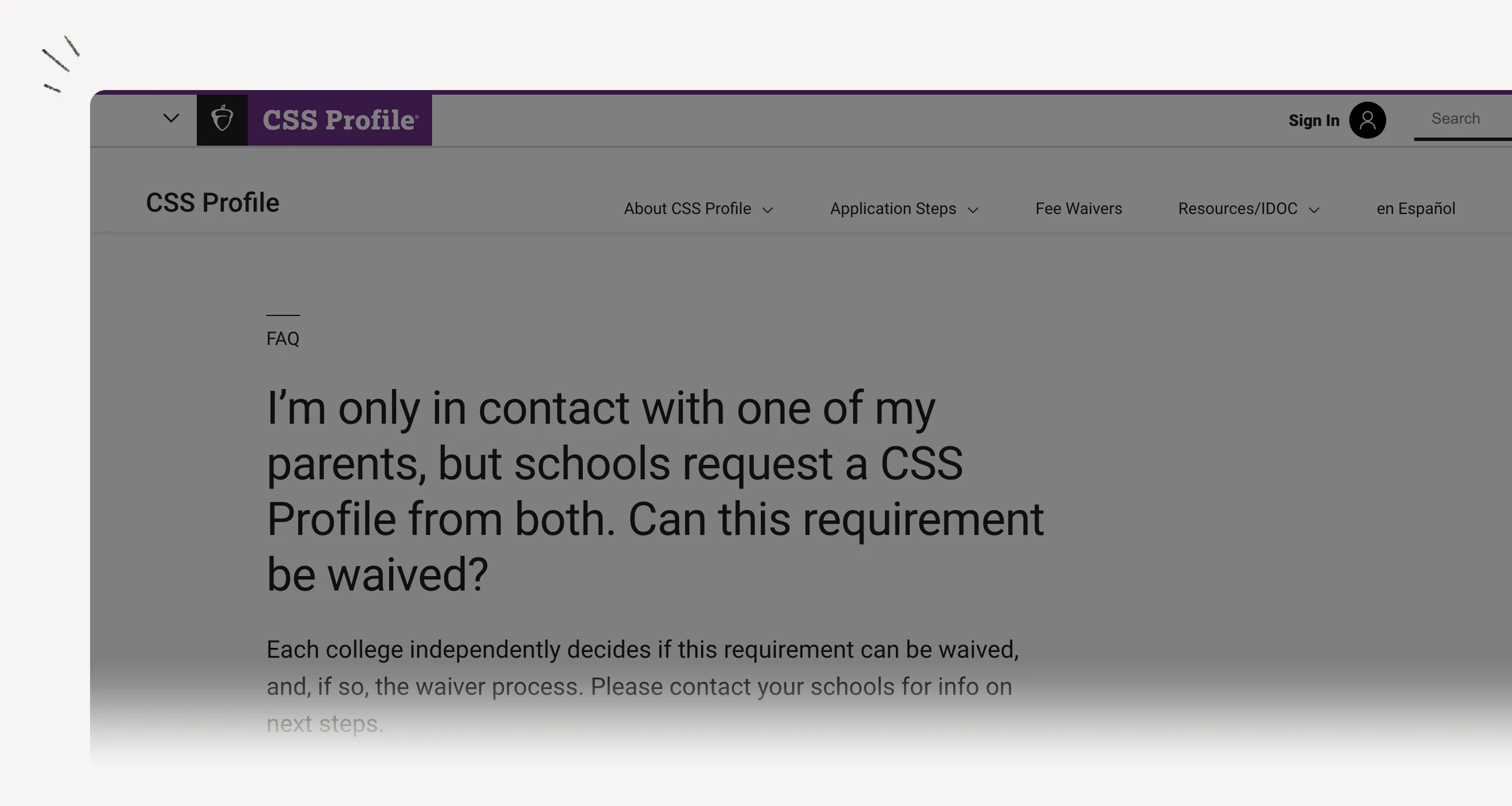 CSS Profile help page explaining noncustodial parent waiver requests