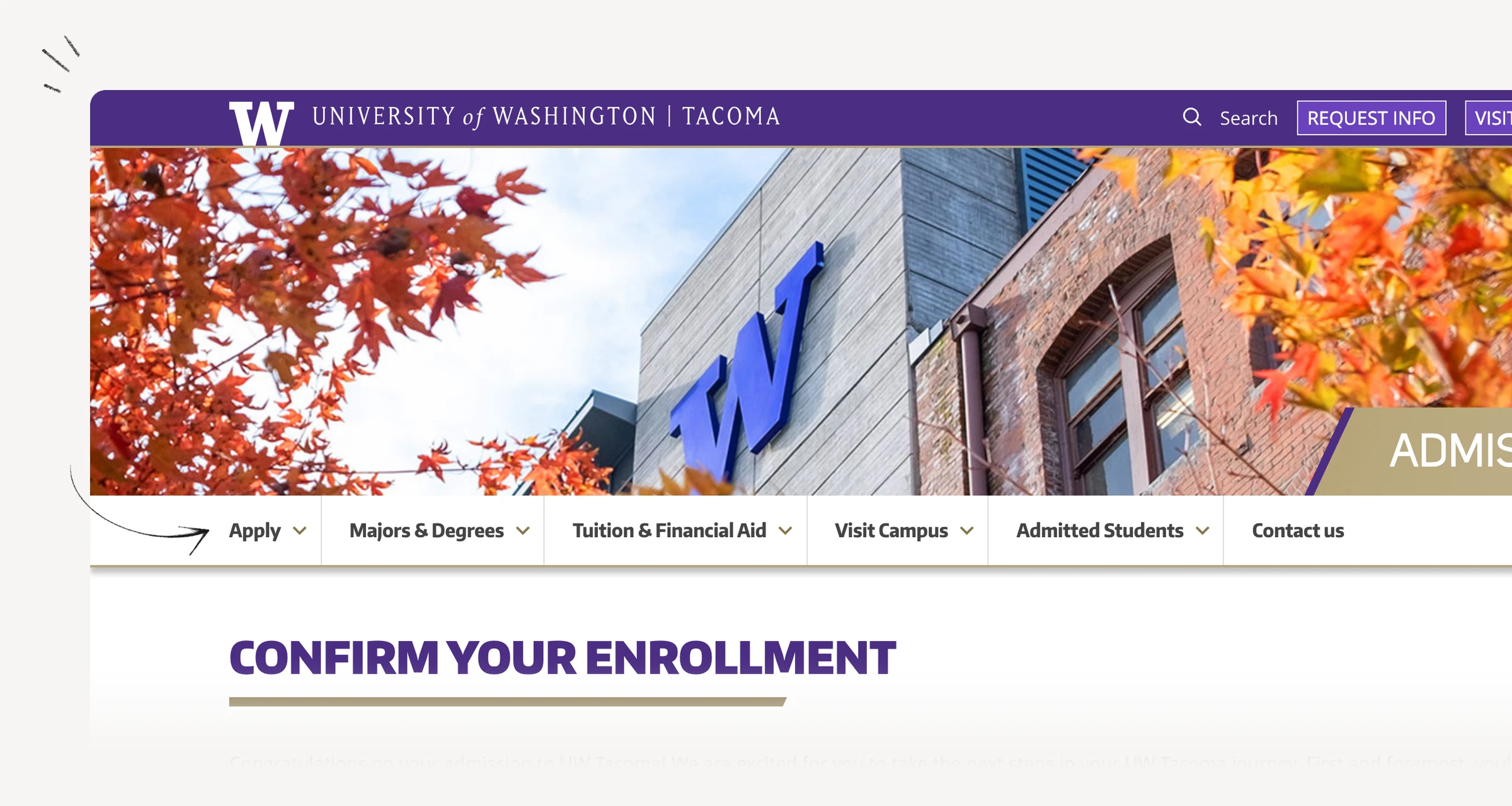 UW Tacoma enrollment page with its decline-offer route