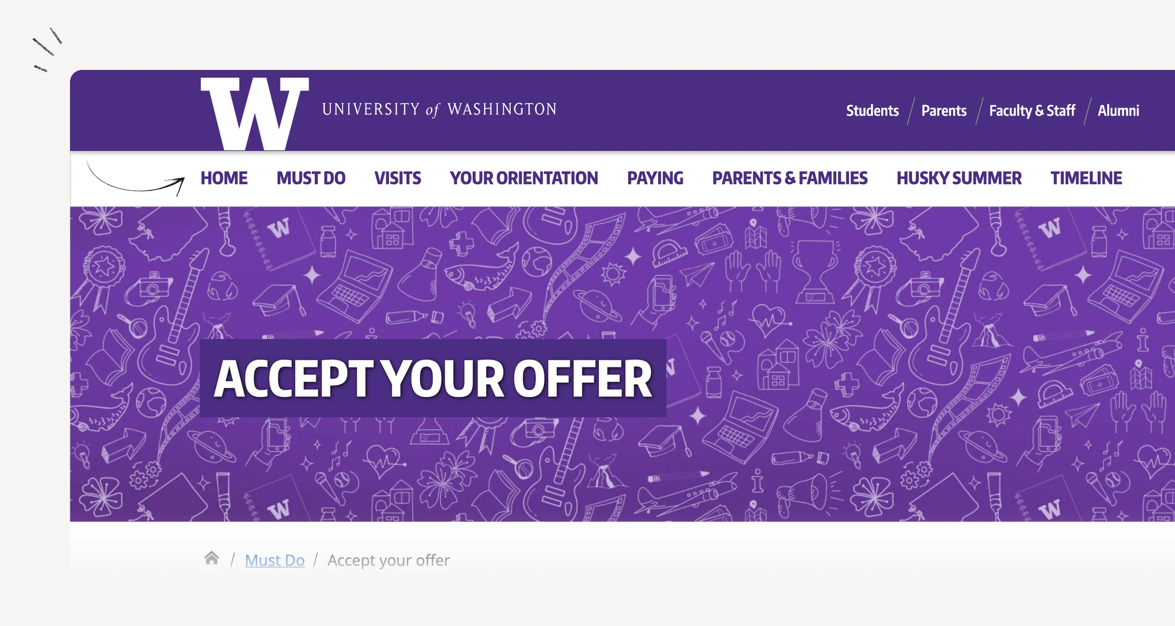 UW Seattle acceptance page explaining enrollment confirmation deposits