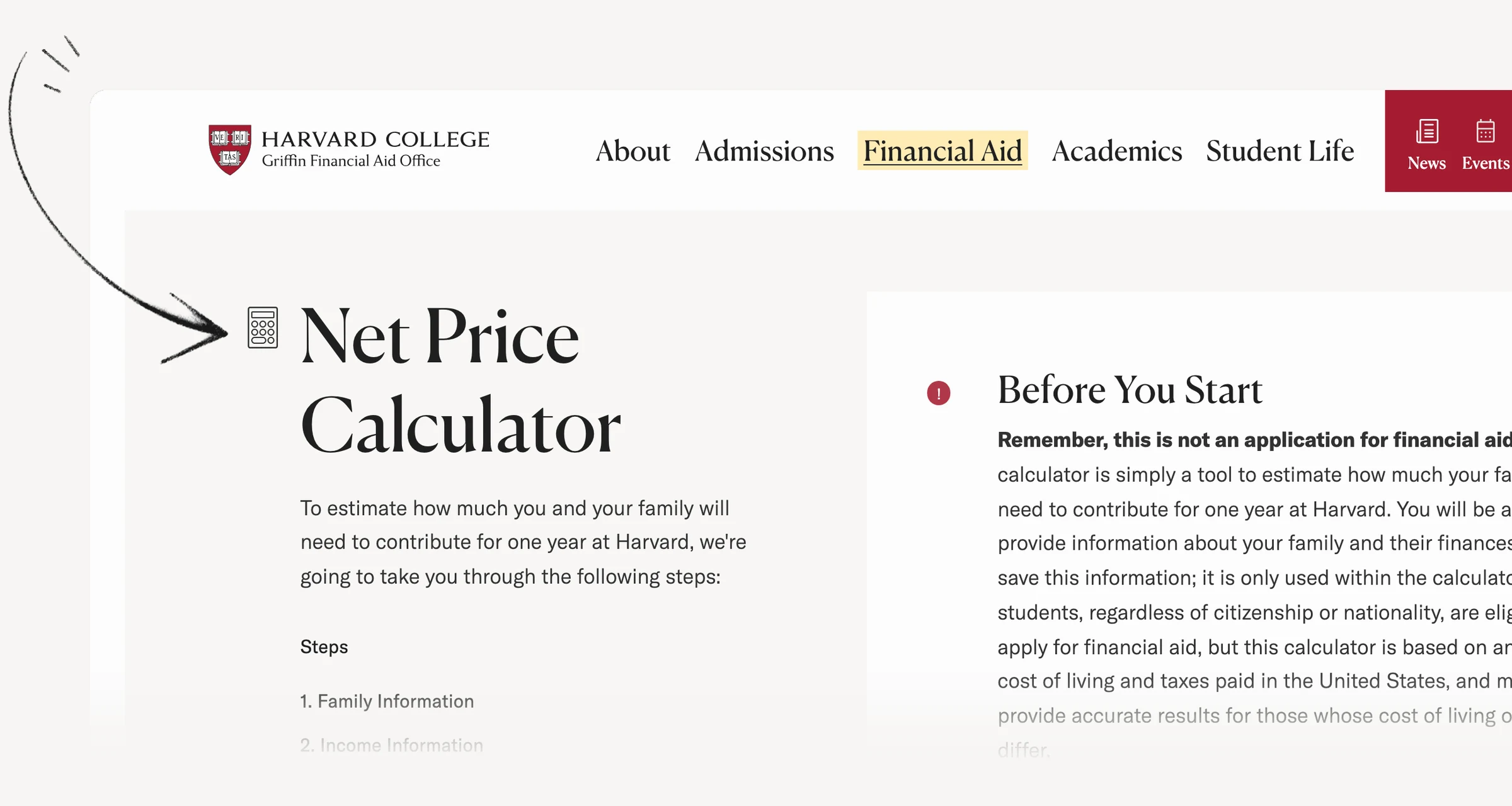 Harvard net price calculator overview showing estimation assumptions and limitations.