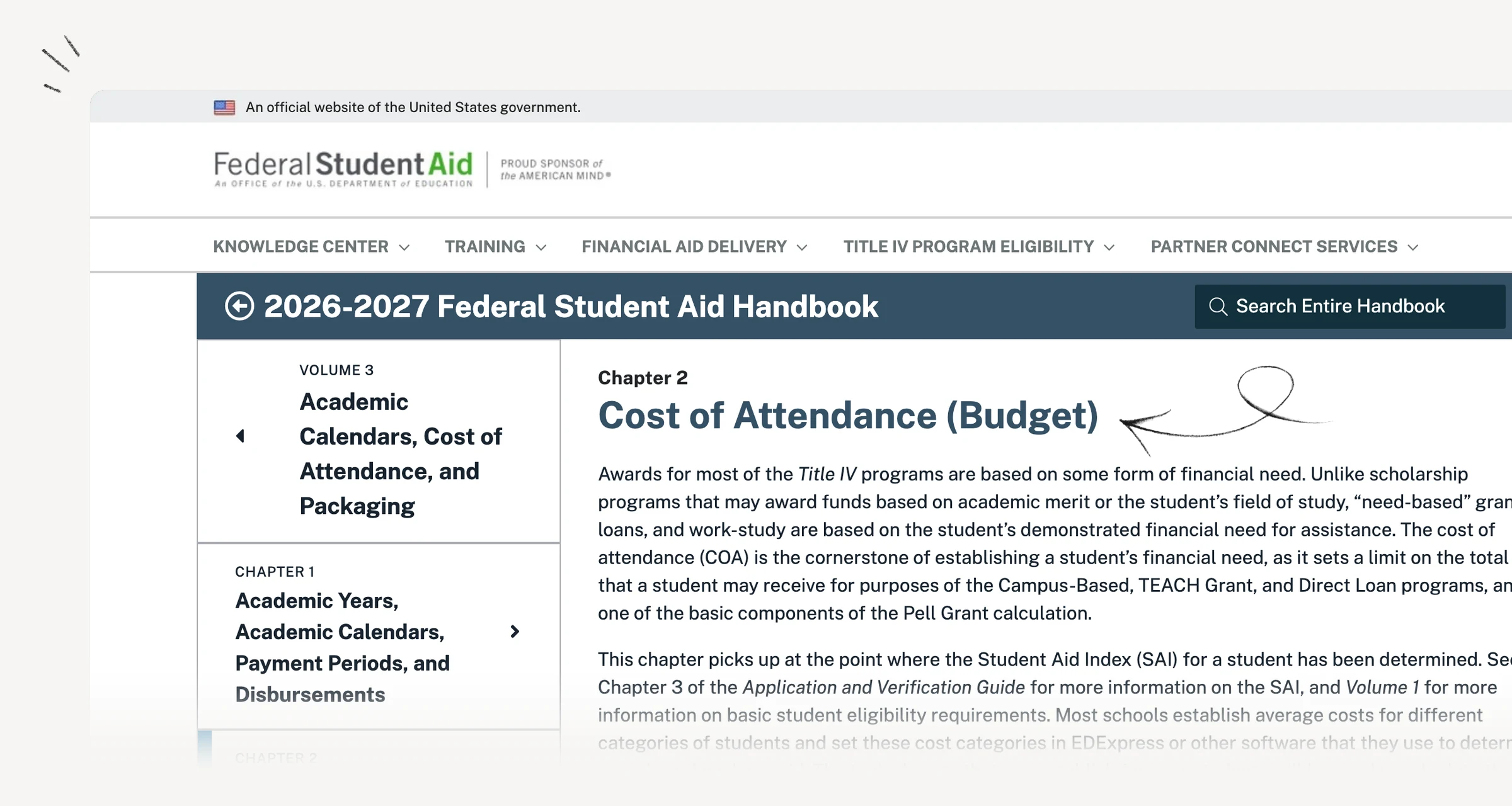 2026–27 Federal Student Aid handbook listing cost-of-attendance budget categories.