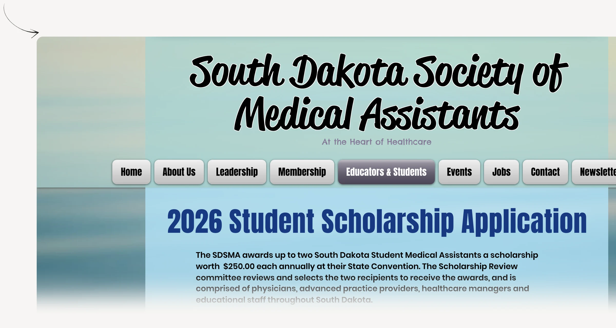 South Dakota Society of Medical Assistants student scholarship page.