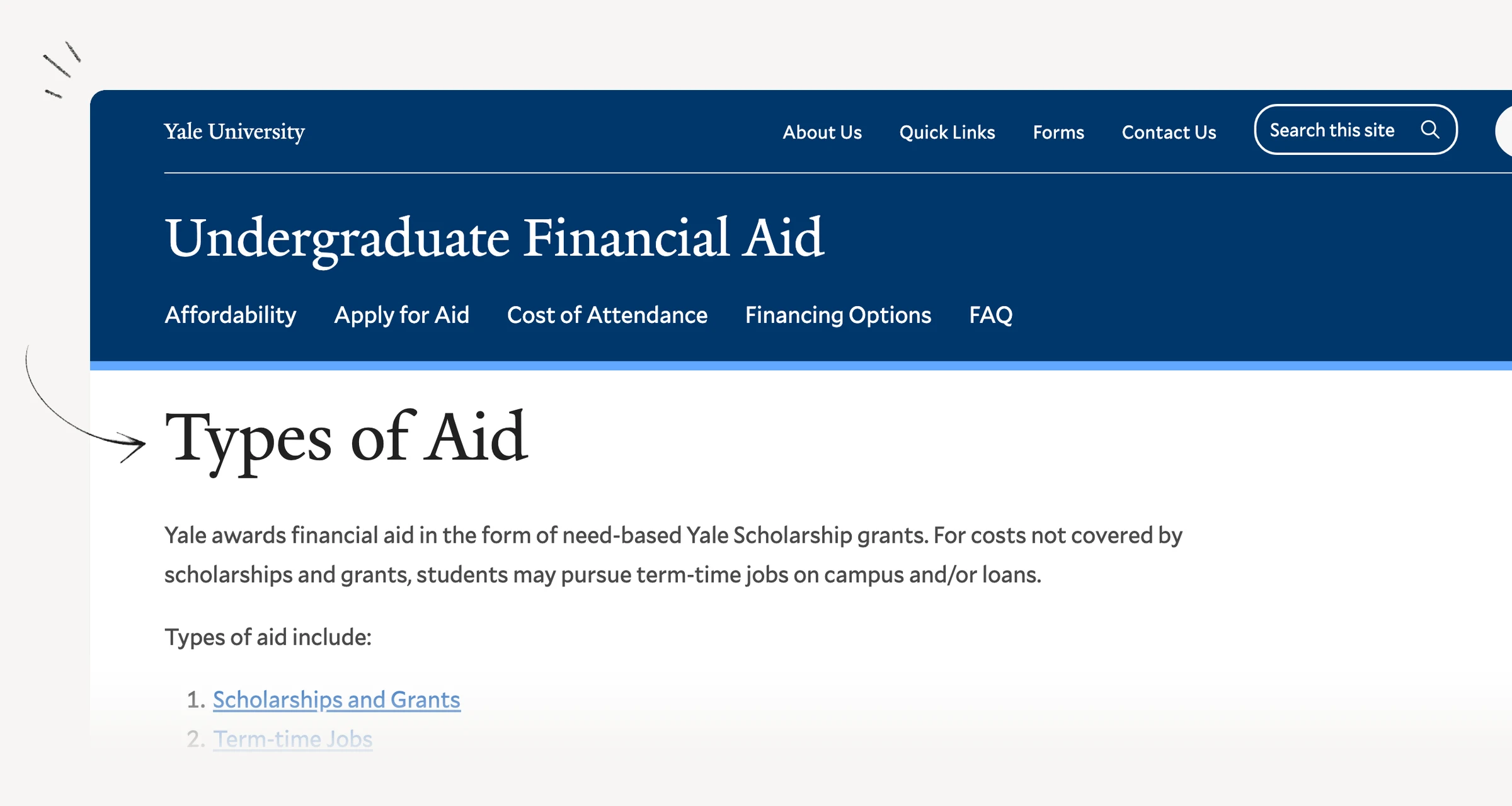 Yale undergraduate financial aid page describing need-based institutional support
