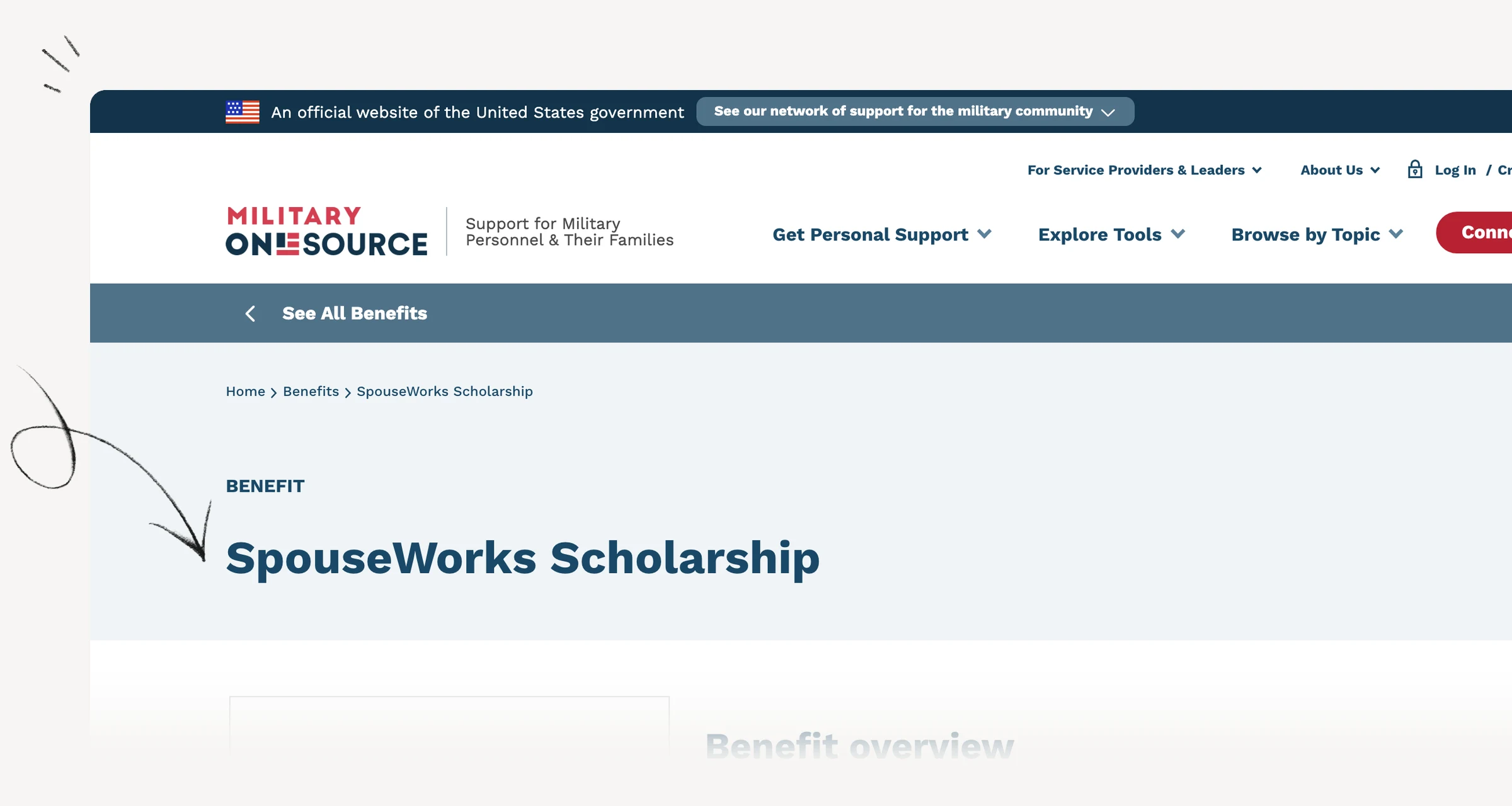 Military OneSource SpouseWorks Scholarship page describing eligible spouses and training support.