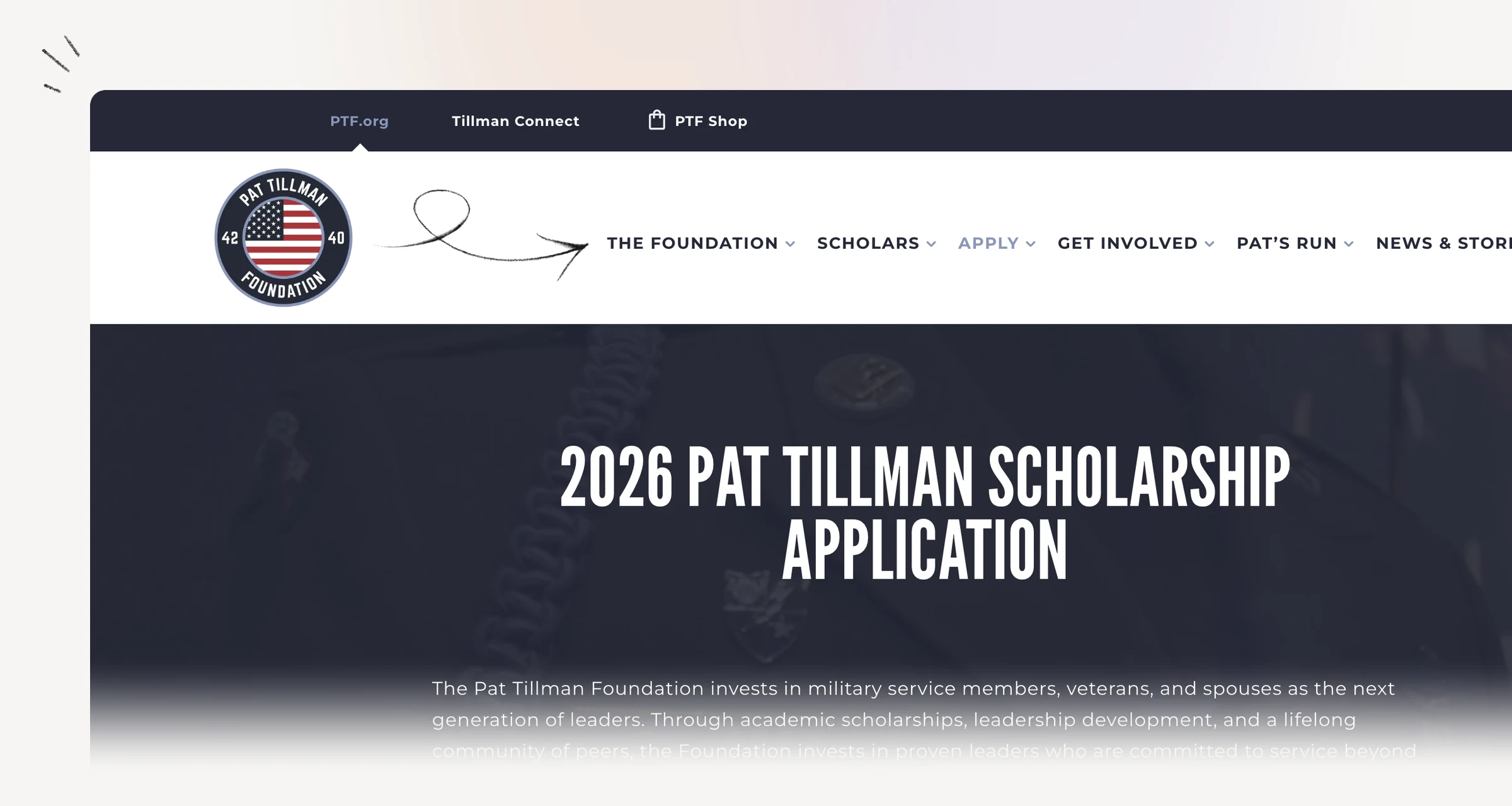 Pat Tillman Foundation application page showing scholarship cycle status.