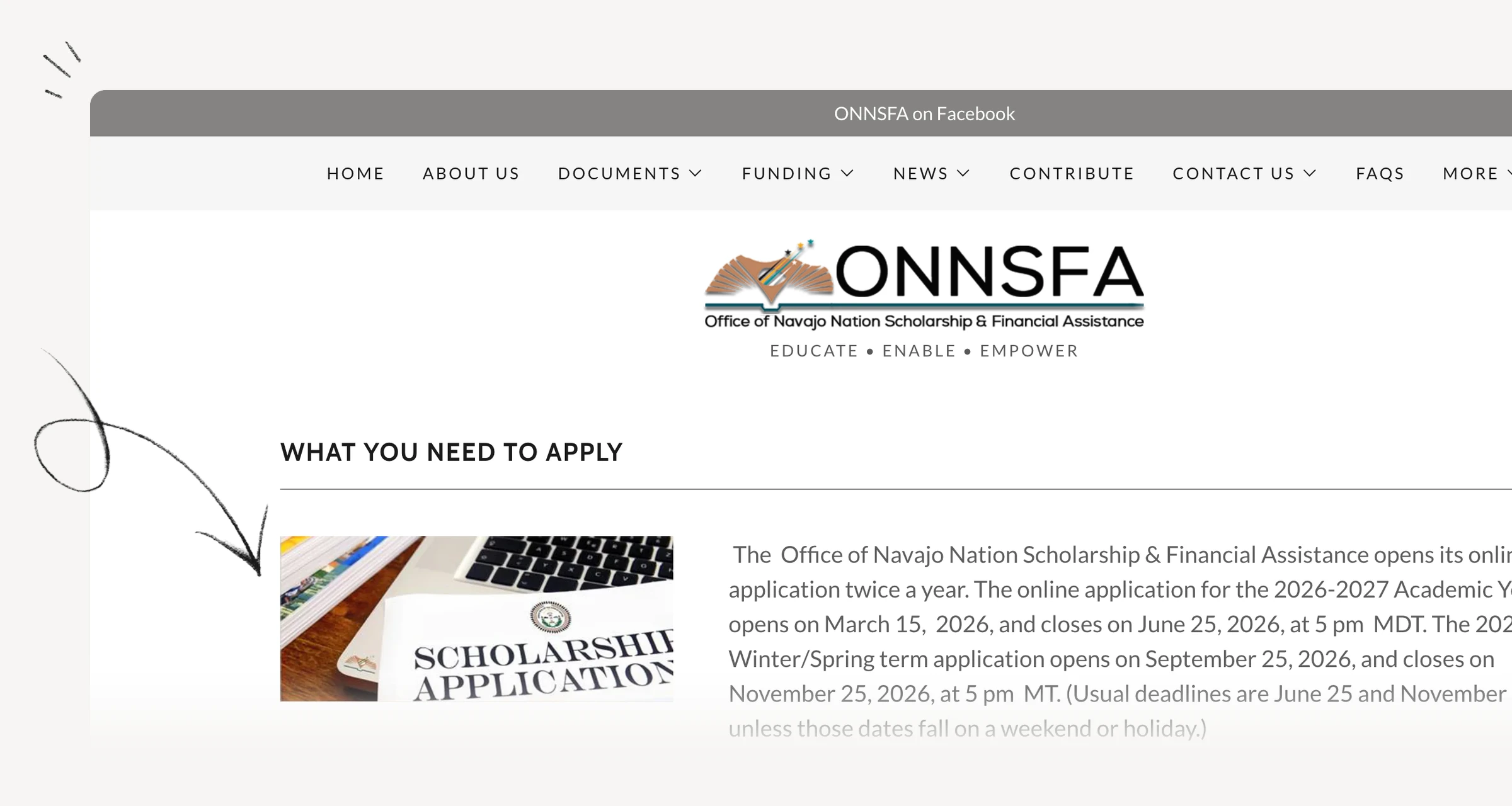 Navajo Nation scholarship application requirements showing the term deadline and required documents