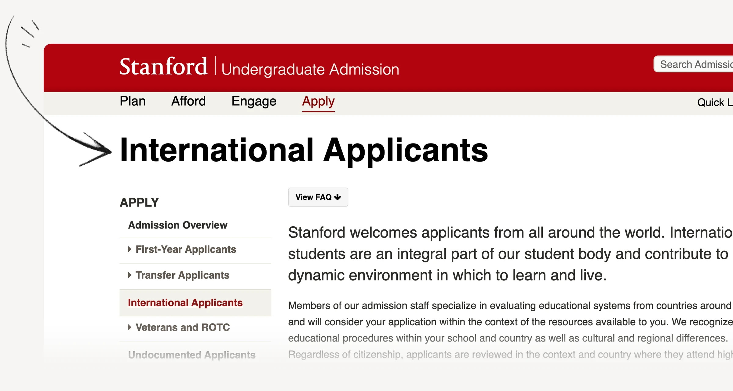 Stanford international admissions page explaining aid requests and applicant-specific policies.