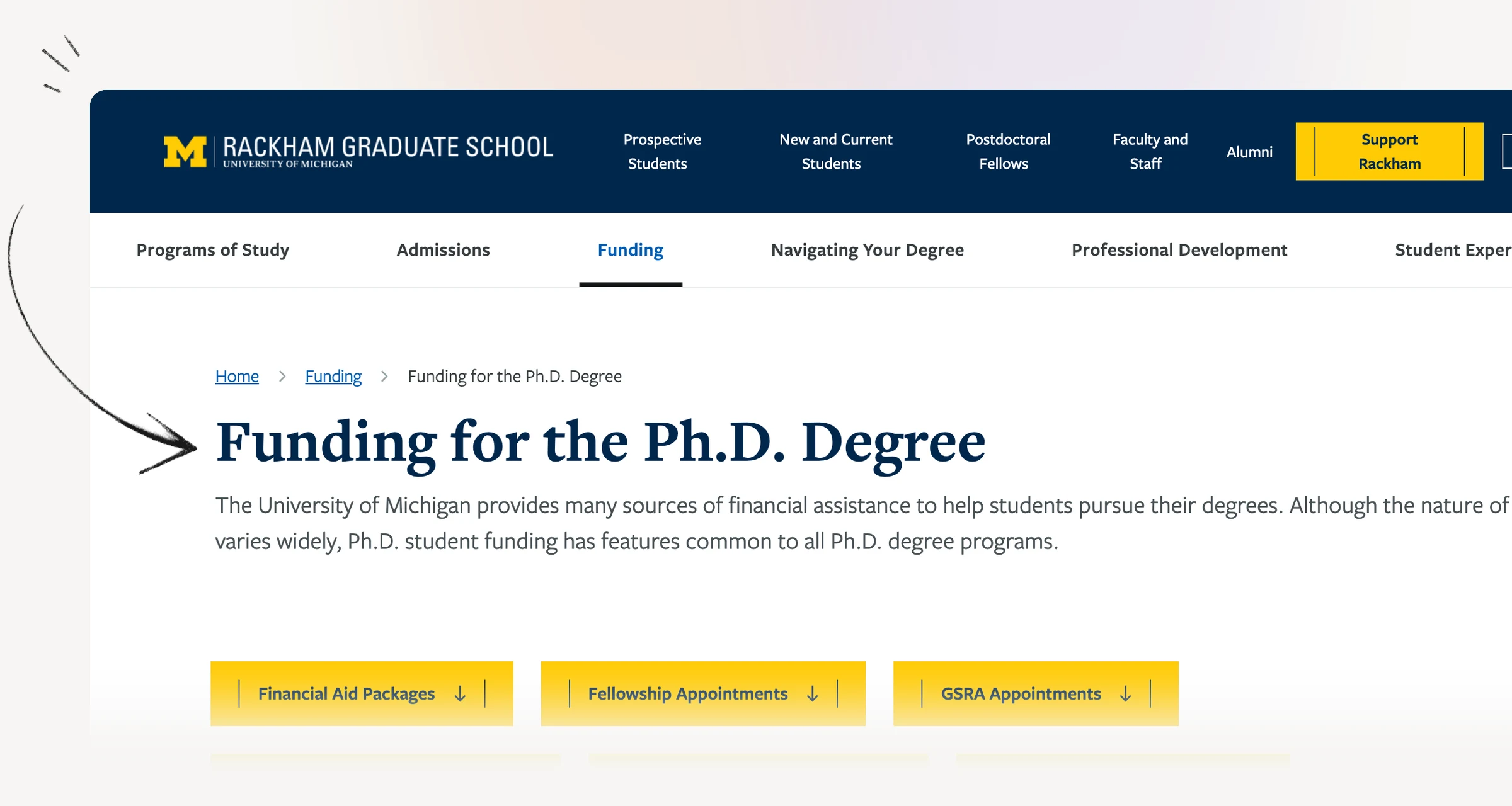 Michigan Rackham doctoral funding framework and package conditions.