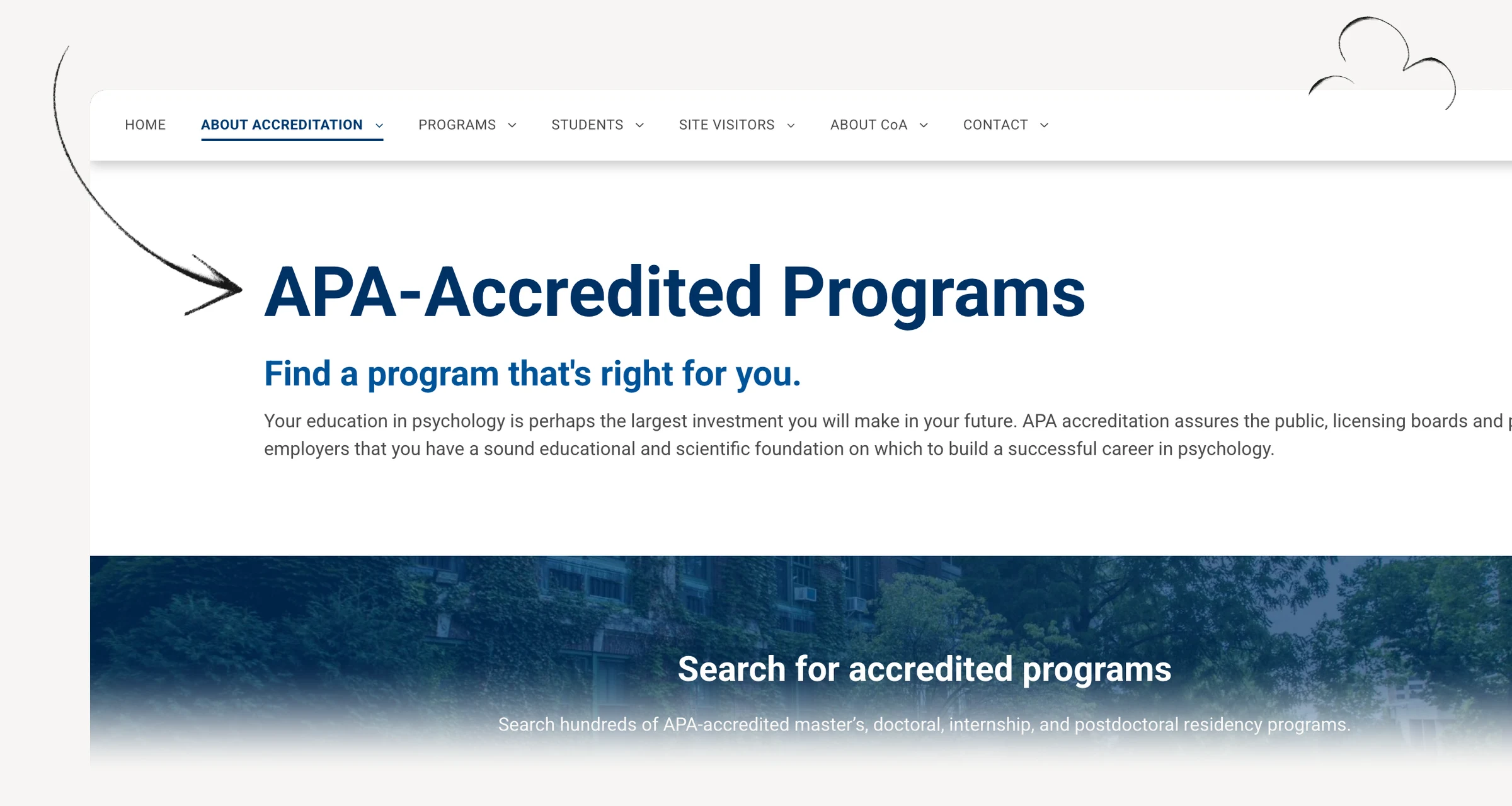 APA accredited-program database for checking a specific psychology training program.