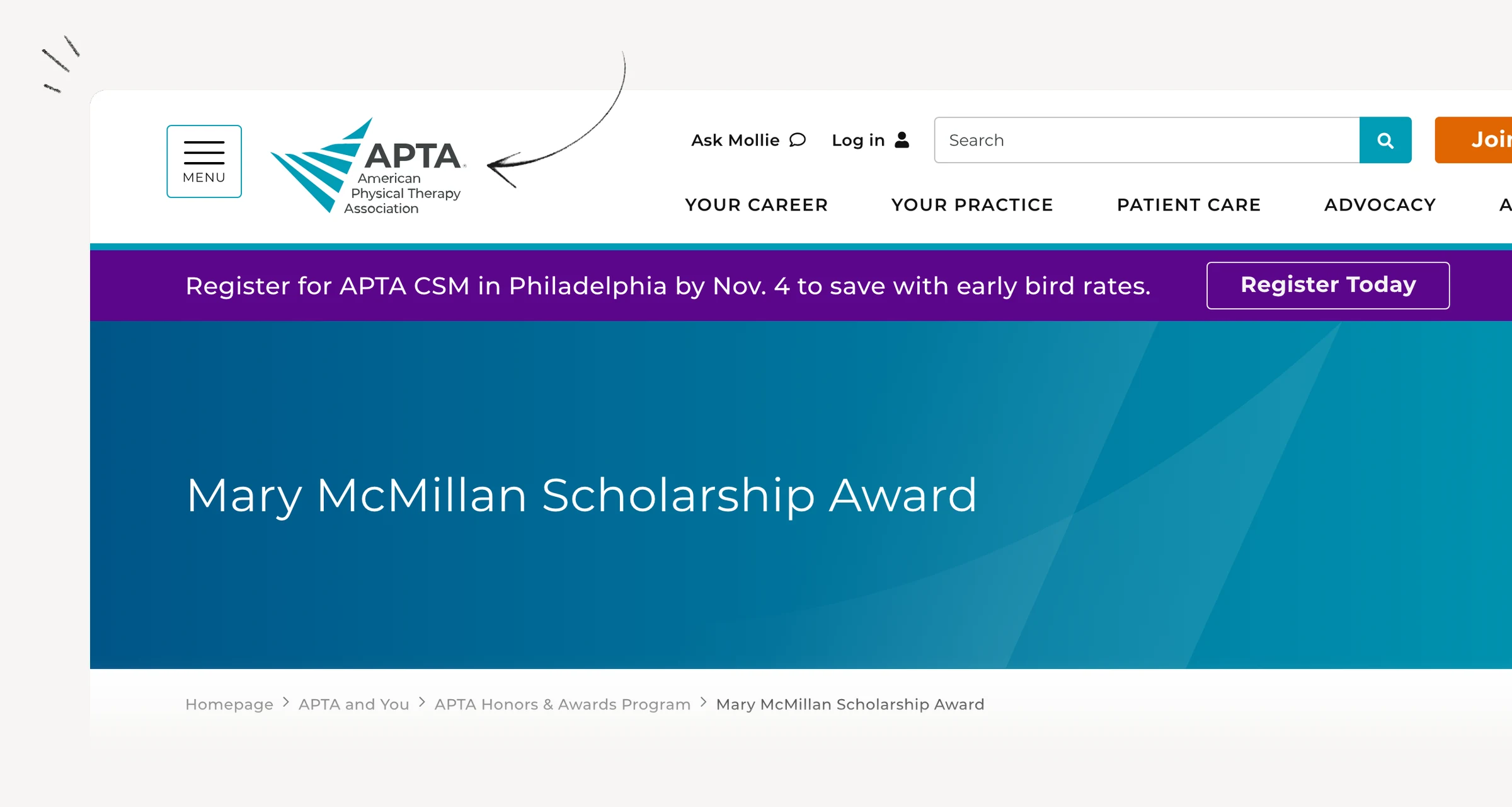 APTA Mary McMillan Scholarship requirements and nomination route.