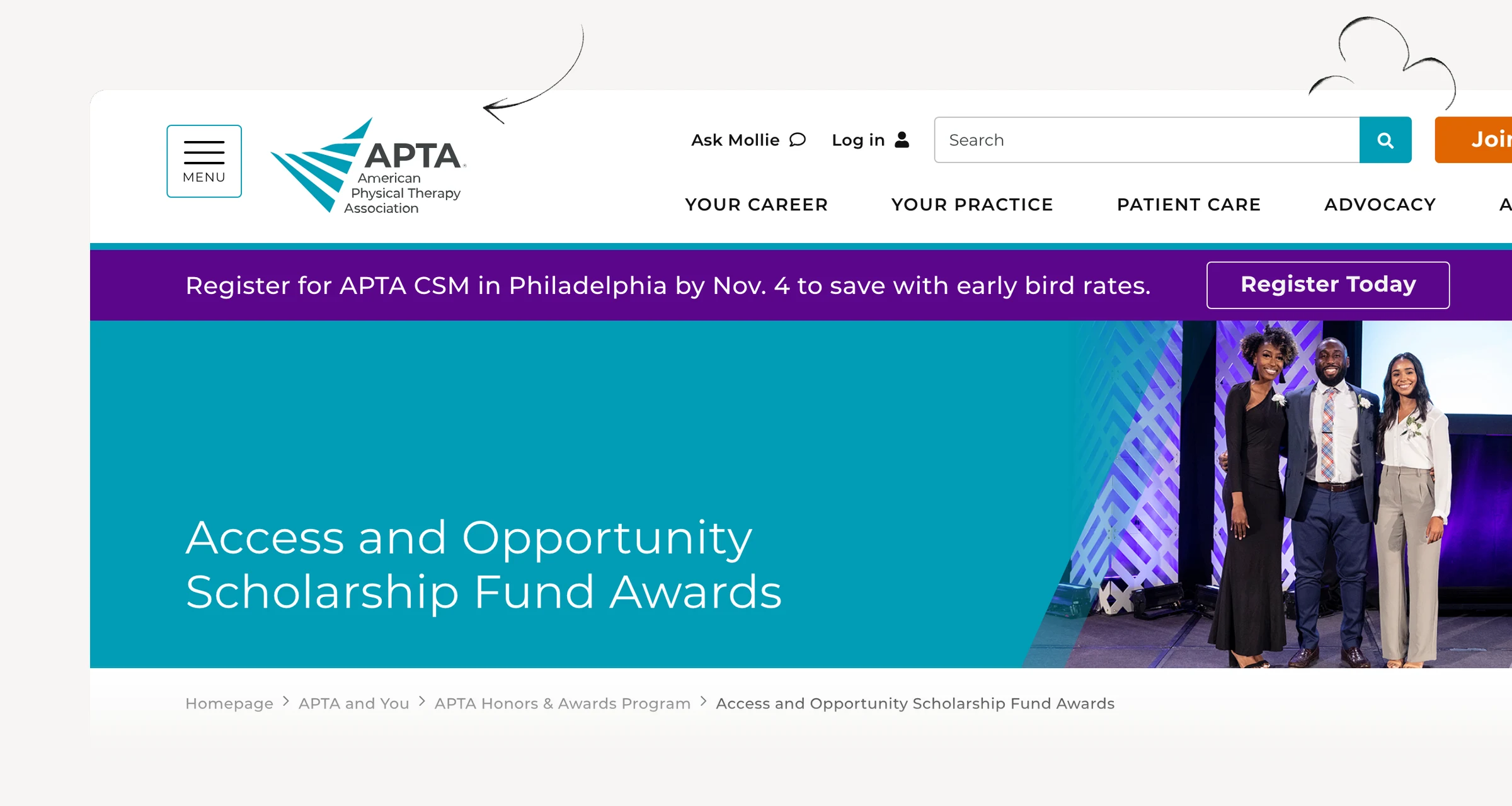 APTA Access and Opportunity scholarship page showing separate applicant tracks.