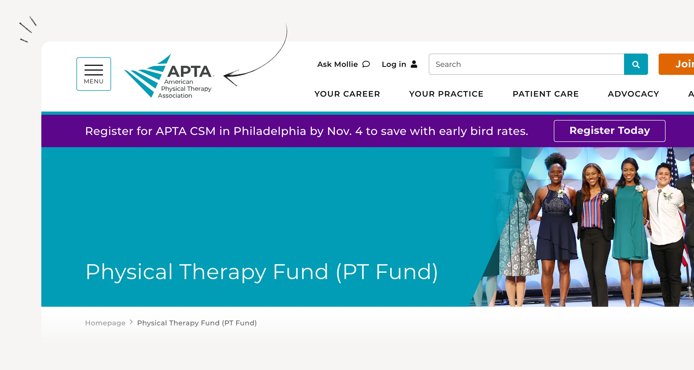 APTA PT Fund page listing conference-related student funding opportunities.