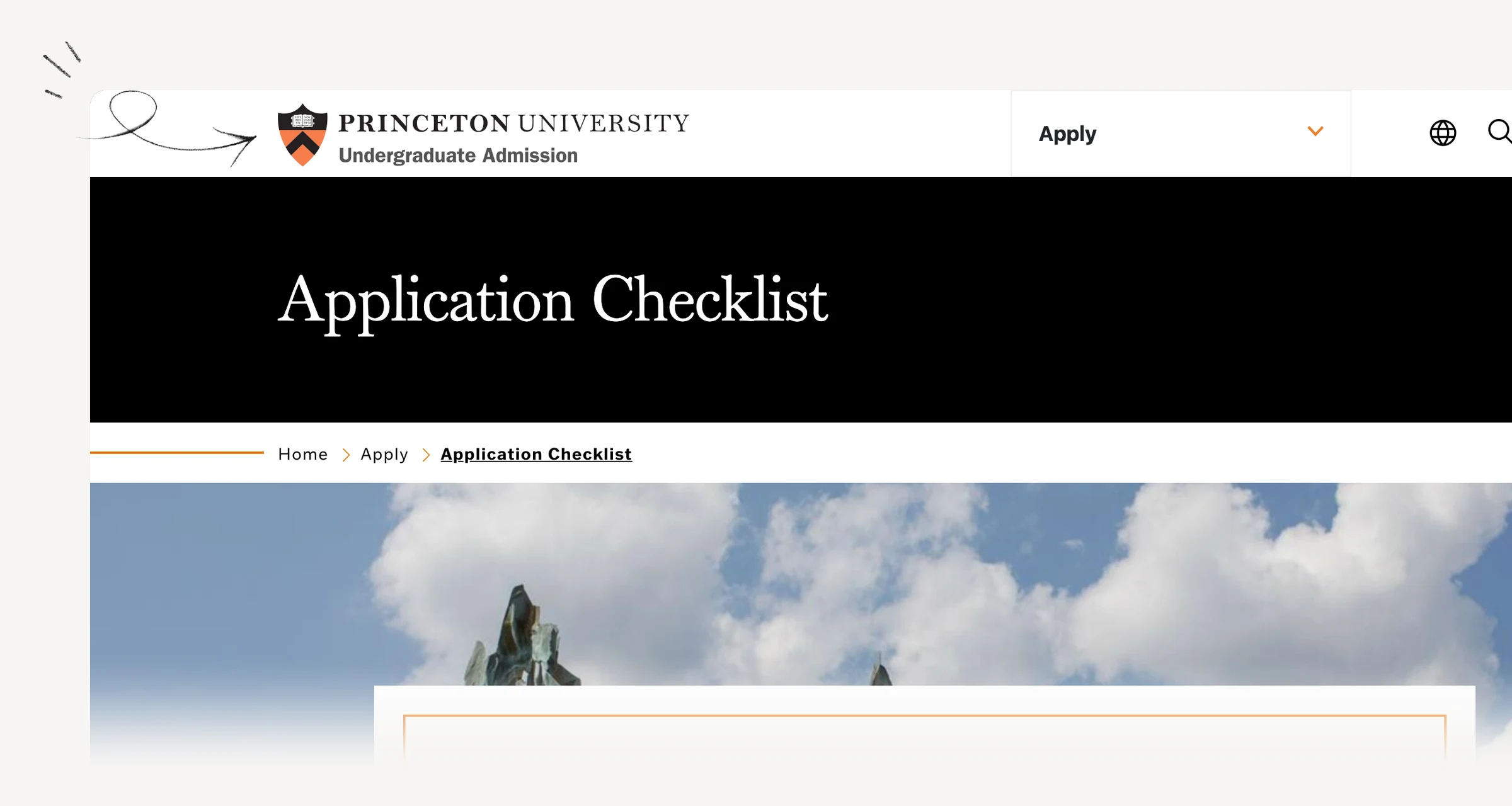 Princeton application checklist showing documents and entry-year testing policy.